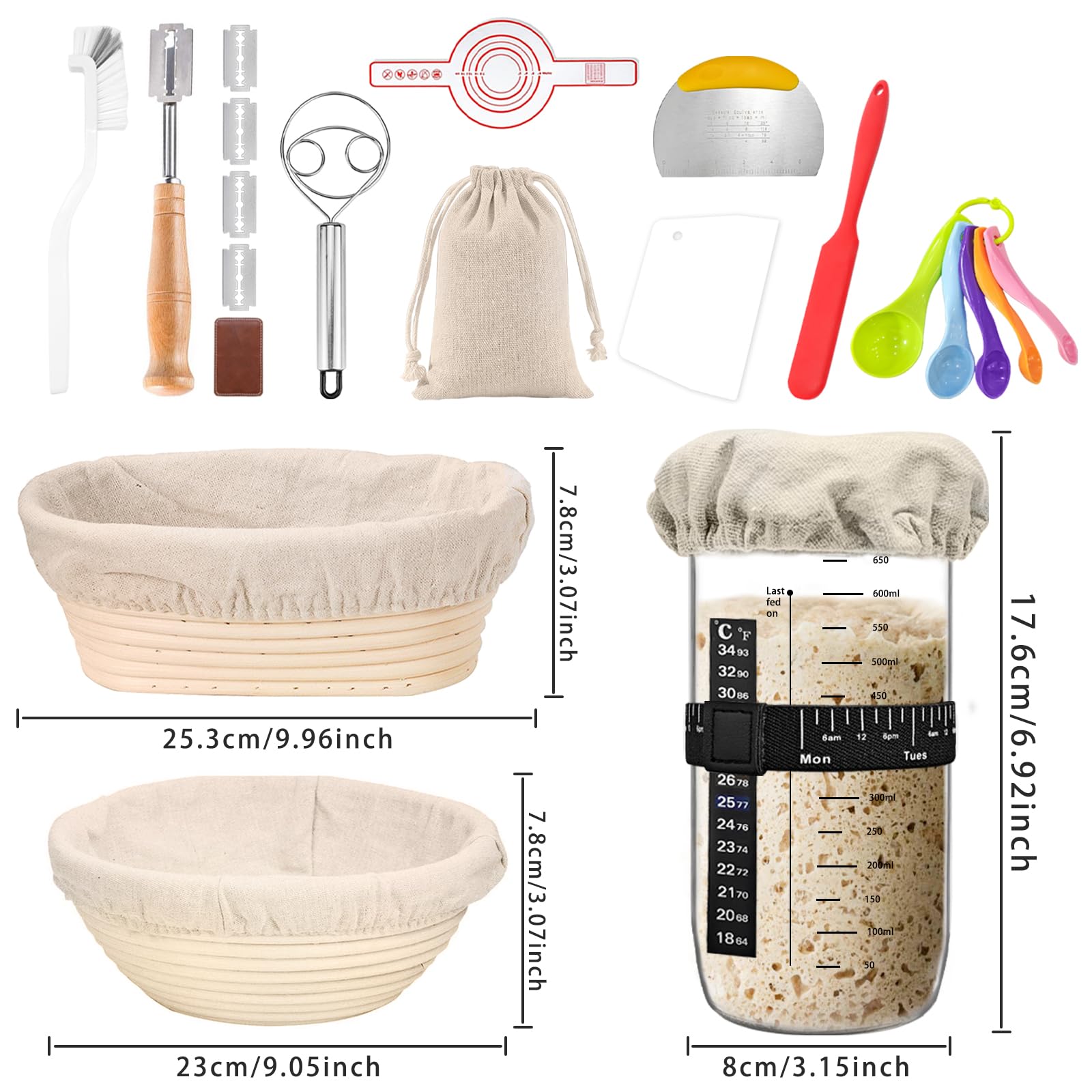 Amgkonp 22Pack 25Oz Sourdough Starter Jar Kit With 9 Inch Round & 10 Inch Oval Banneton Bread Proofing Basket Set,Scraper,Sourdo