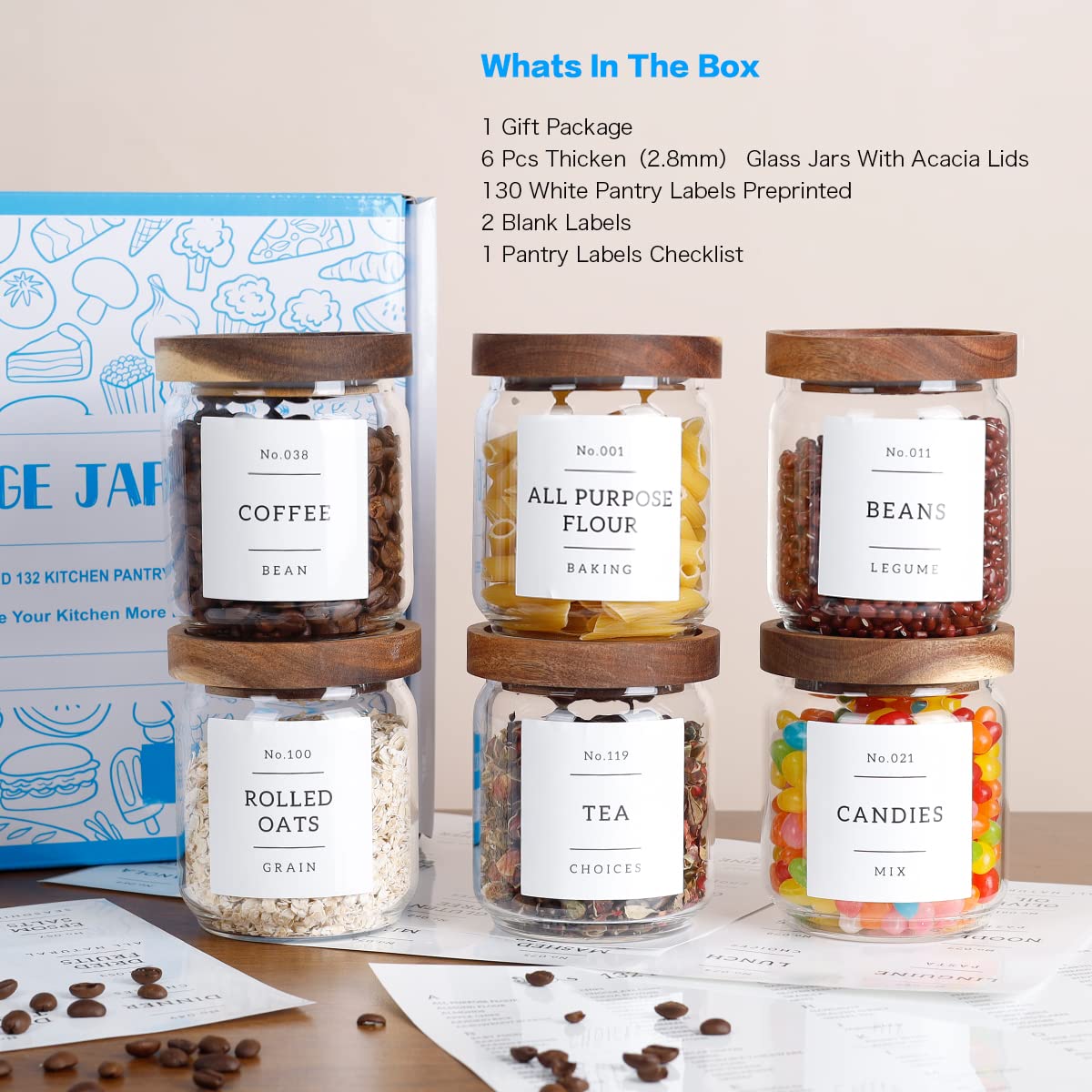 16 Oz Stackable Glass Food Storage Jars With 132 Pantry Labels Preprinted - 6 Pcs Thicken Glass Storage Containers With Airtight