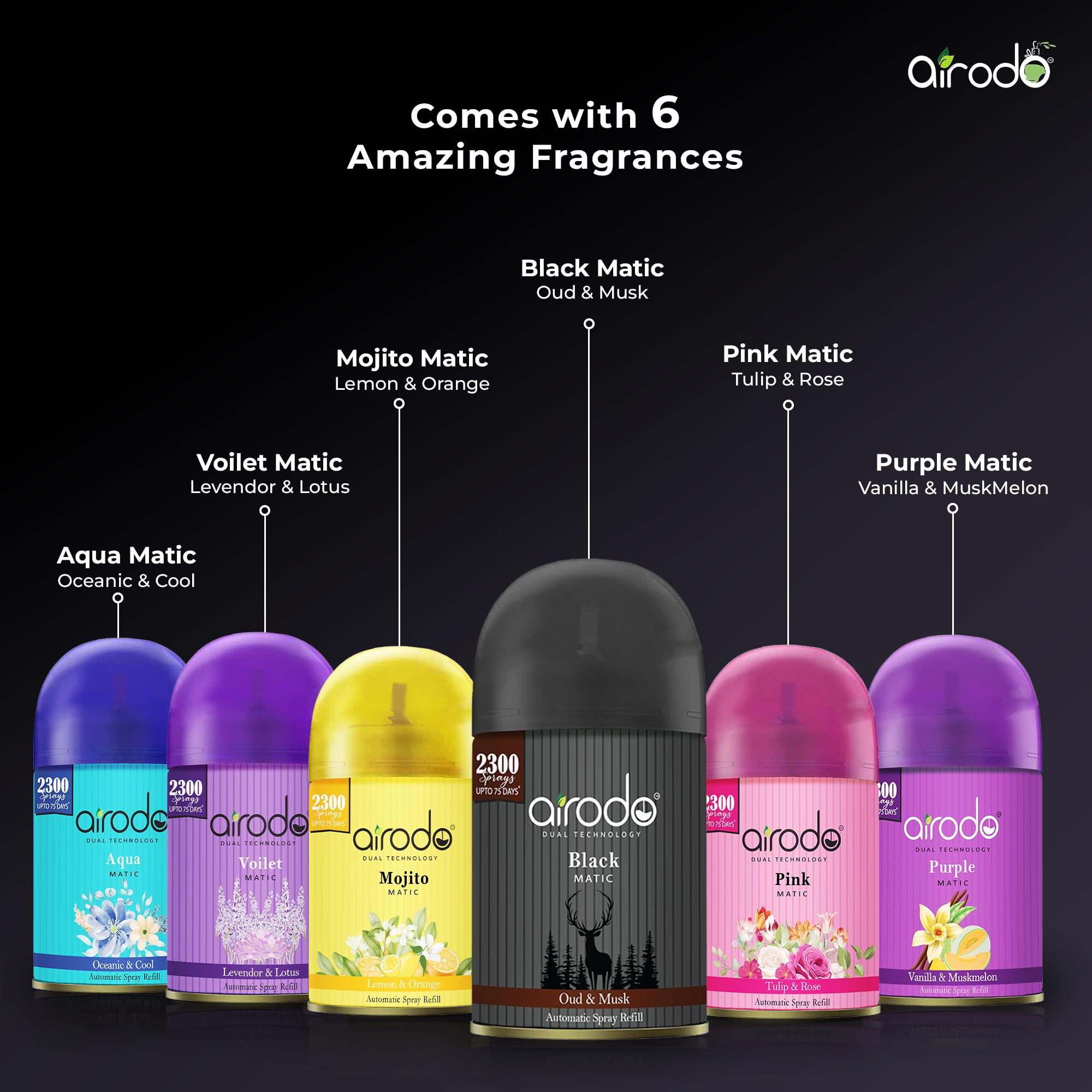 Airodo Black Matic Air Freshner With Dual Technology Oud & Musk With Long Lasting Fragrance 235 Millilitre Booster Upto 75 Days