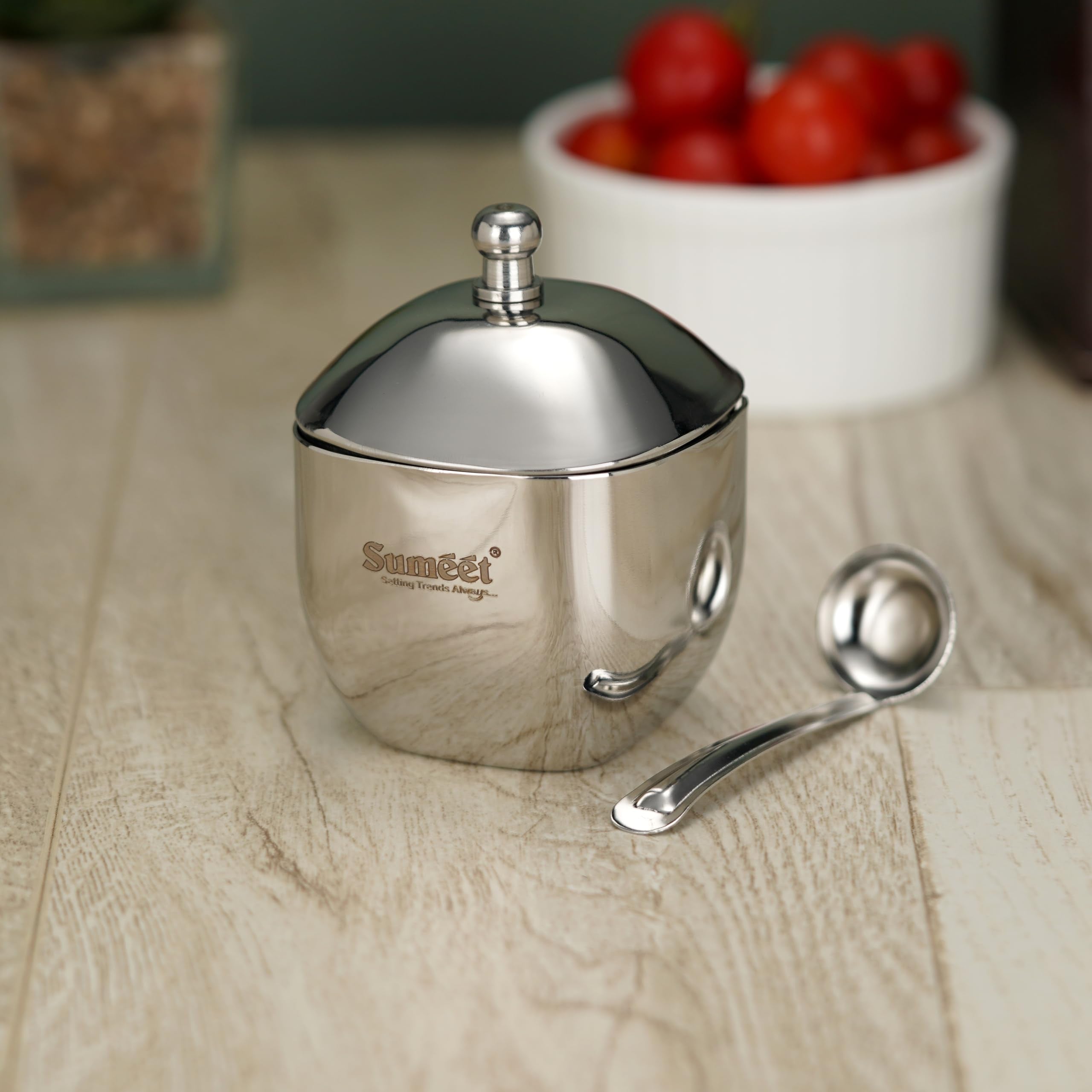 Sumeet Stainless Steel Square Shape Ghee and Oil Pot, Storage Container with Spoon for Kitchen, 6.5cm Dia, 160ML  Silver (Pack 