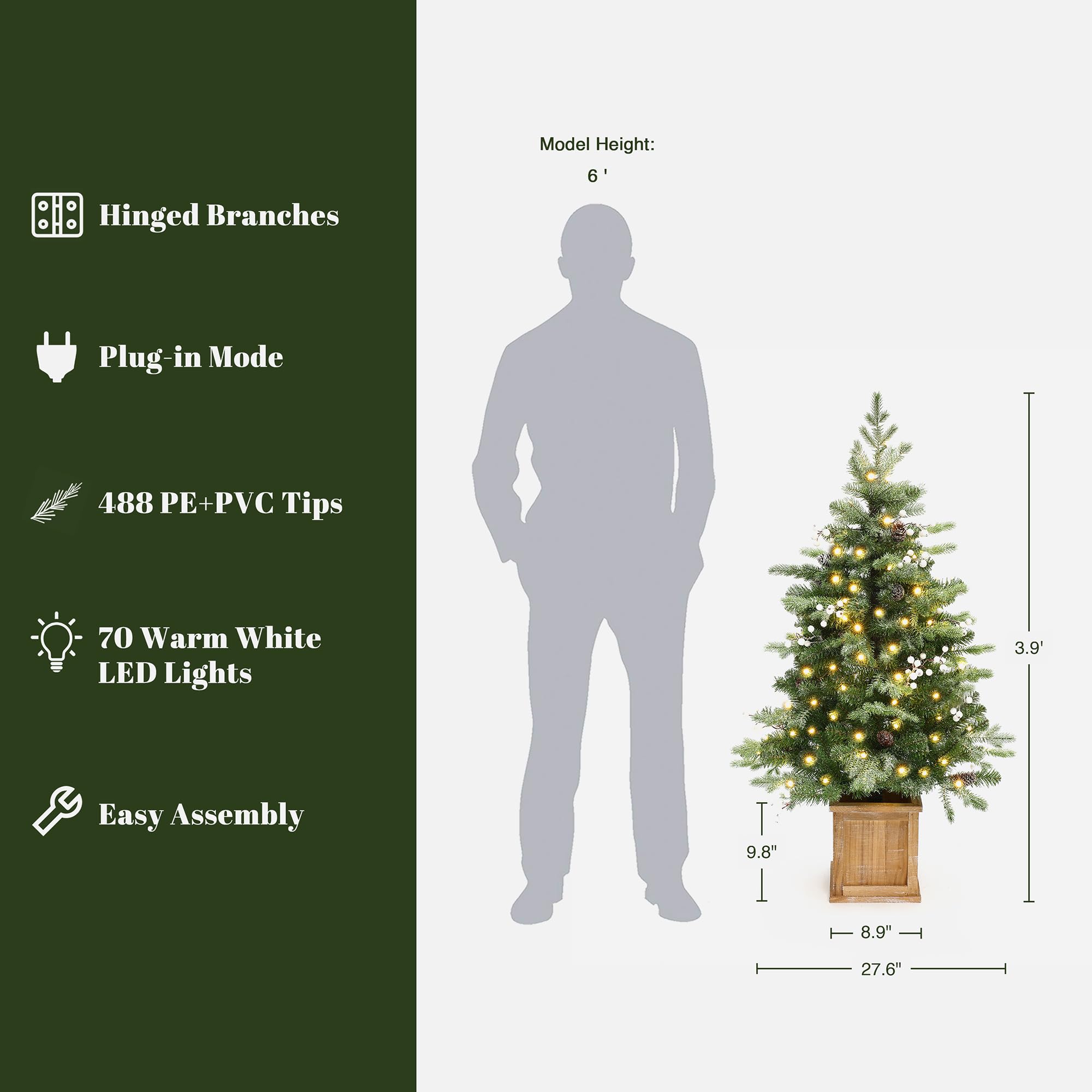LuxenHome 4FT Potted Flocked Christmas Tree, Small Christmas Tree Prelit with 70 Warm White LED Lights, Berries and Pine Cones,