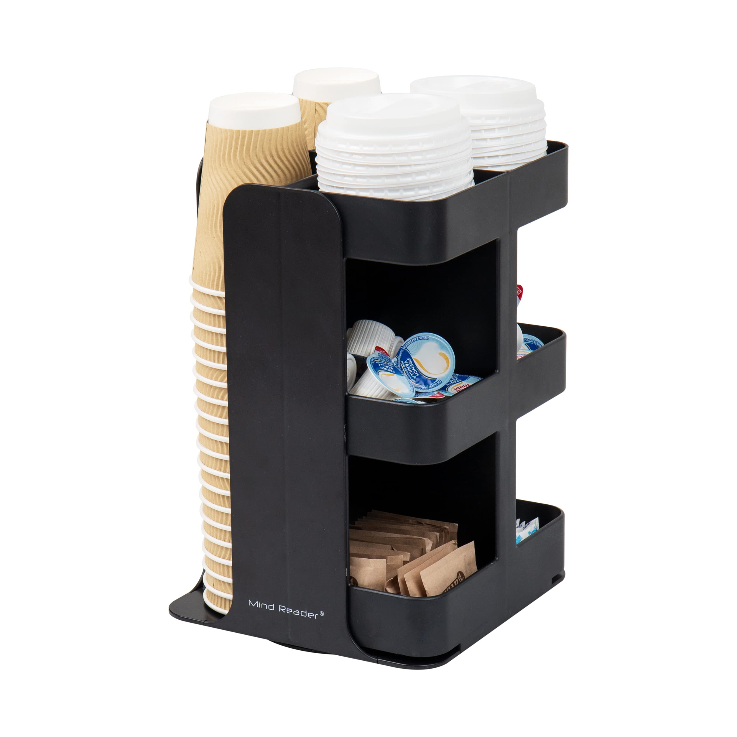 Mind Reader Cup Condiment Carousel, Countertop Organizer, Coffee Bar Accesories, Kitchen, Stirrers, 8'' L X 8'' W X 12'' H, Blac