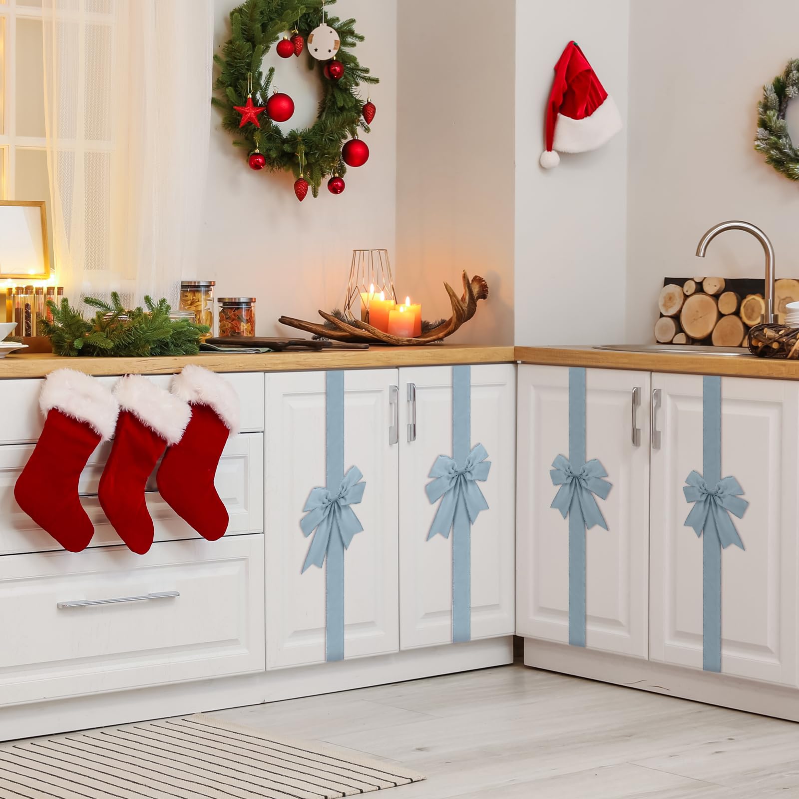 9 Pcs Christmas Velvet Cabinet Door Bows and Ribbons Large Christmas Door Cabinet Bows Xmas Cabinets Furniture Kitchen Party Dec