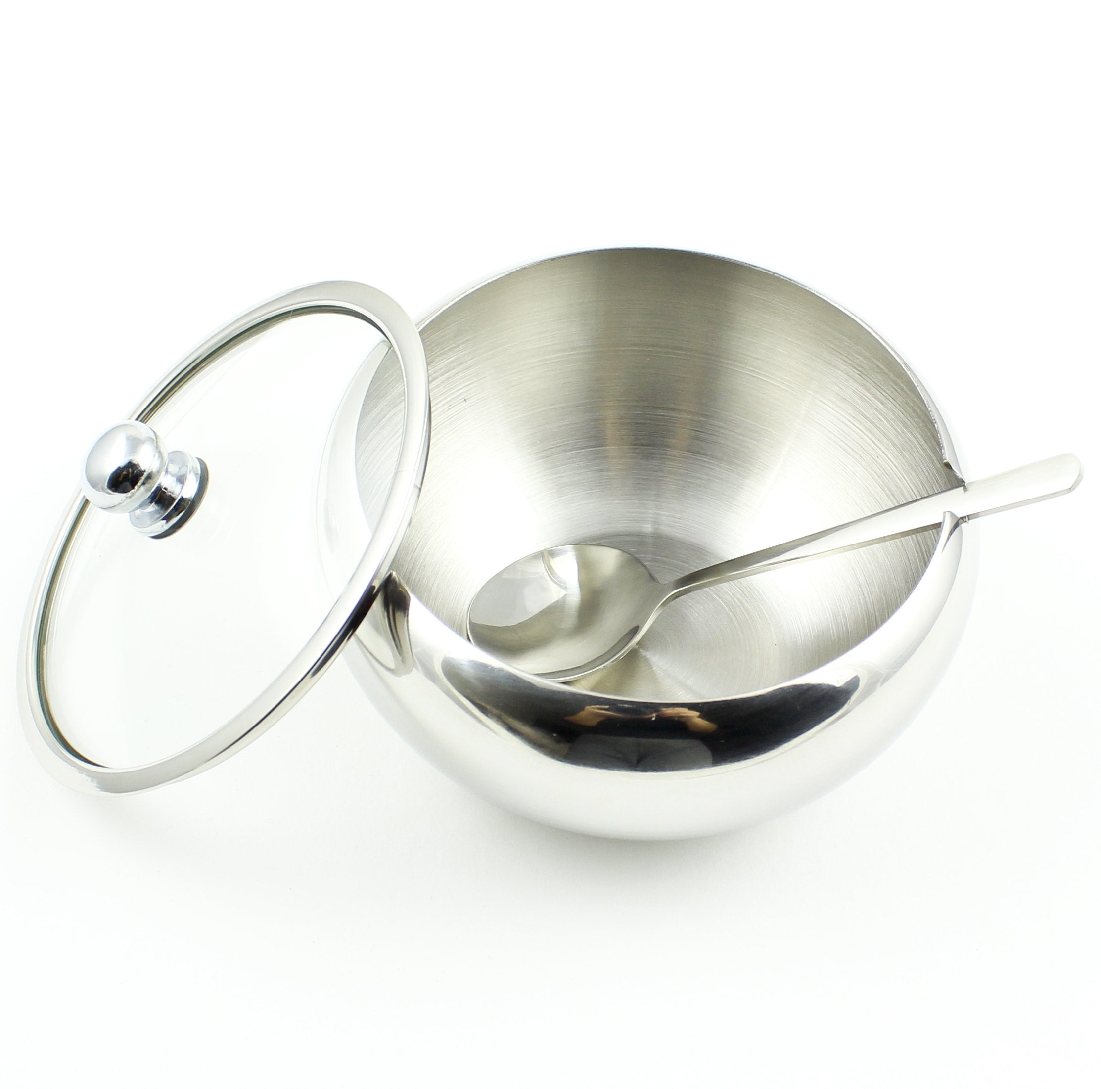 Zoie + Chloe Stainless Steel Sugar Bowl With Glass Lid - Bonus Spoon - 2 Cup Capacity (500Ml)