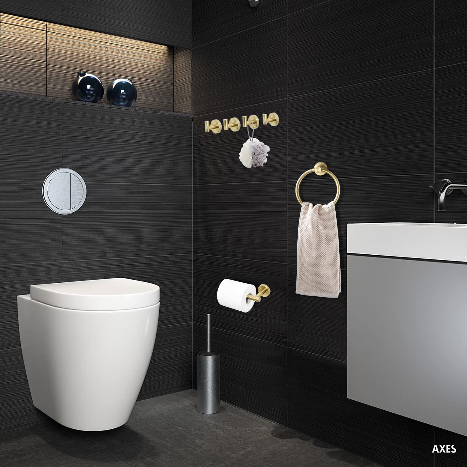 Fairgia Brushed Gold Bathroom Hardware Set, Gold Toilet Paper Holder Towel Ring And 4 Robe Hooks Hand Towel Holder Bathroom Acce