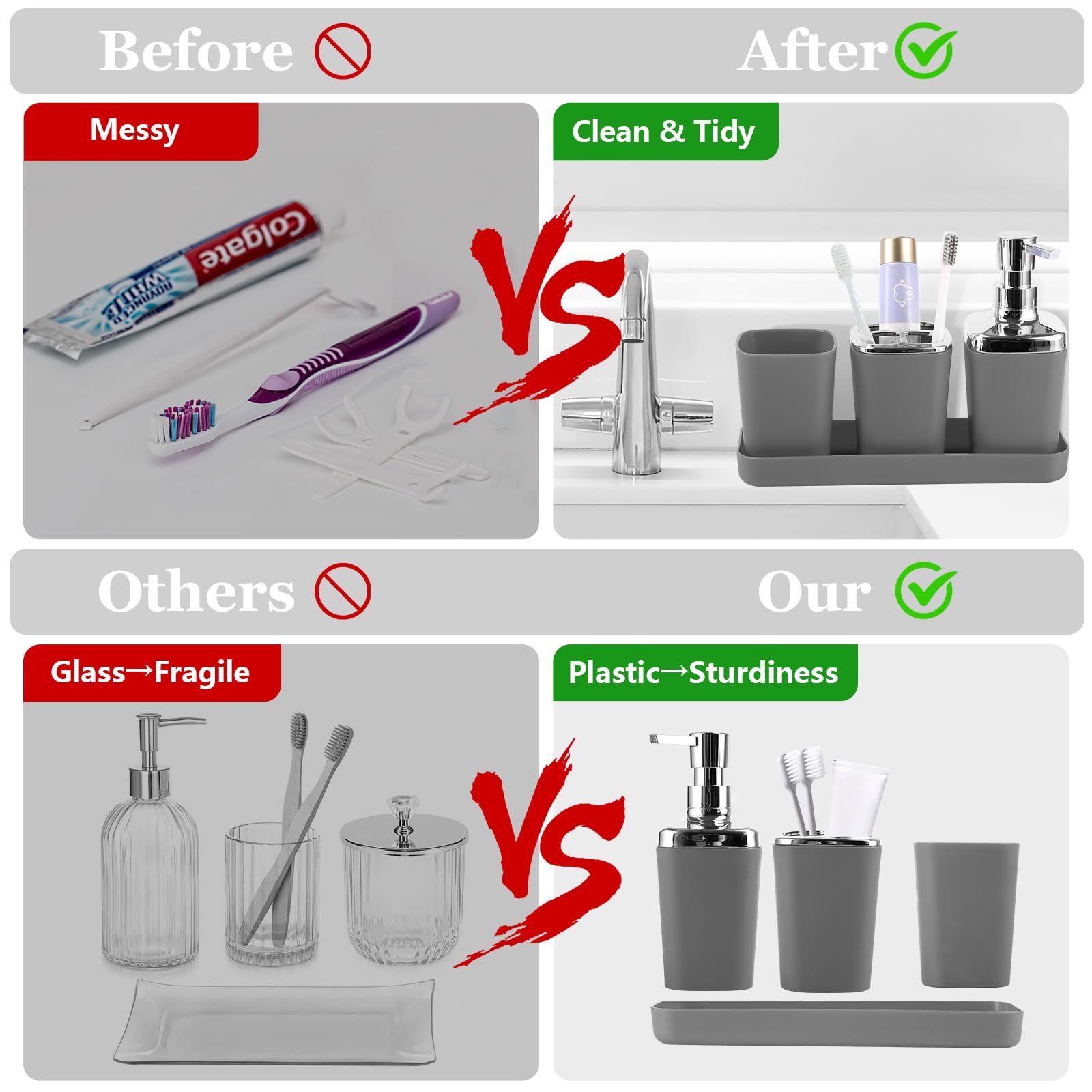 Grey Bathroom Accessories Set, 9-Piece Bathroom Accessory Set With Trash Can, Vanity Tray, Soap Dispenser, Soap Dish, Toothbrush