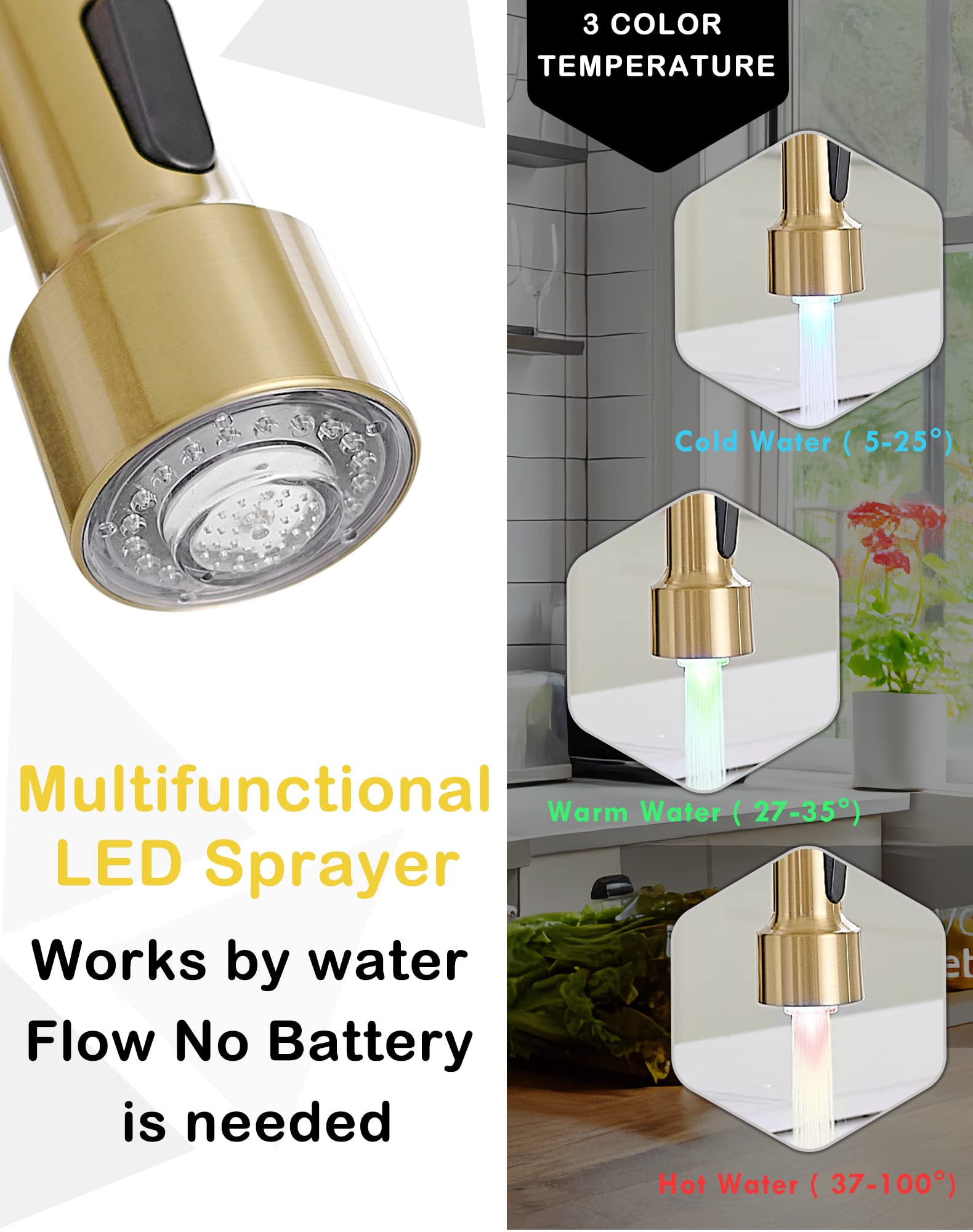 Gimili Brushed Gold Kitchen Faucet With Pull Down Sprayer With Soap Dispenser Single Handle Led Kitchen Sink Faucet