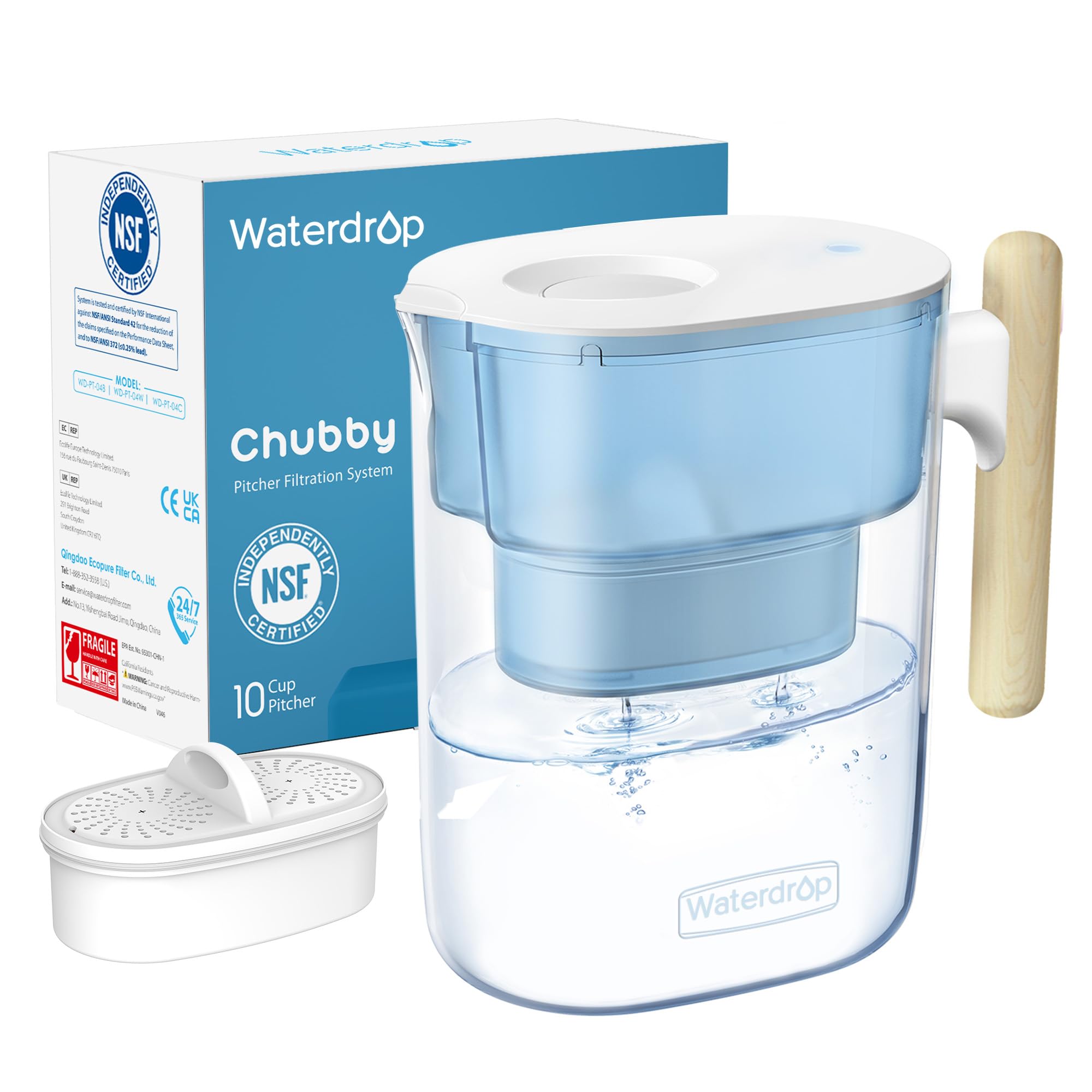 Waterdrop Water Filter Pitcher with 1 Filter, 200-Gallon Long-Life, Chubby 10-Cup Large Water Filter Pitcher, NSF Certified, 5X 