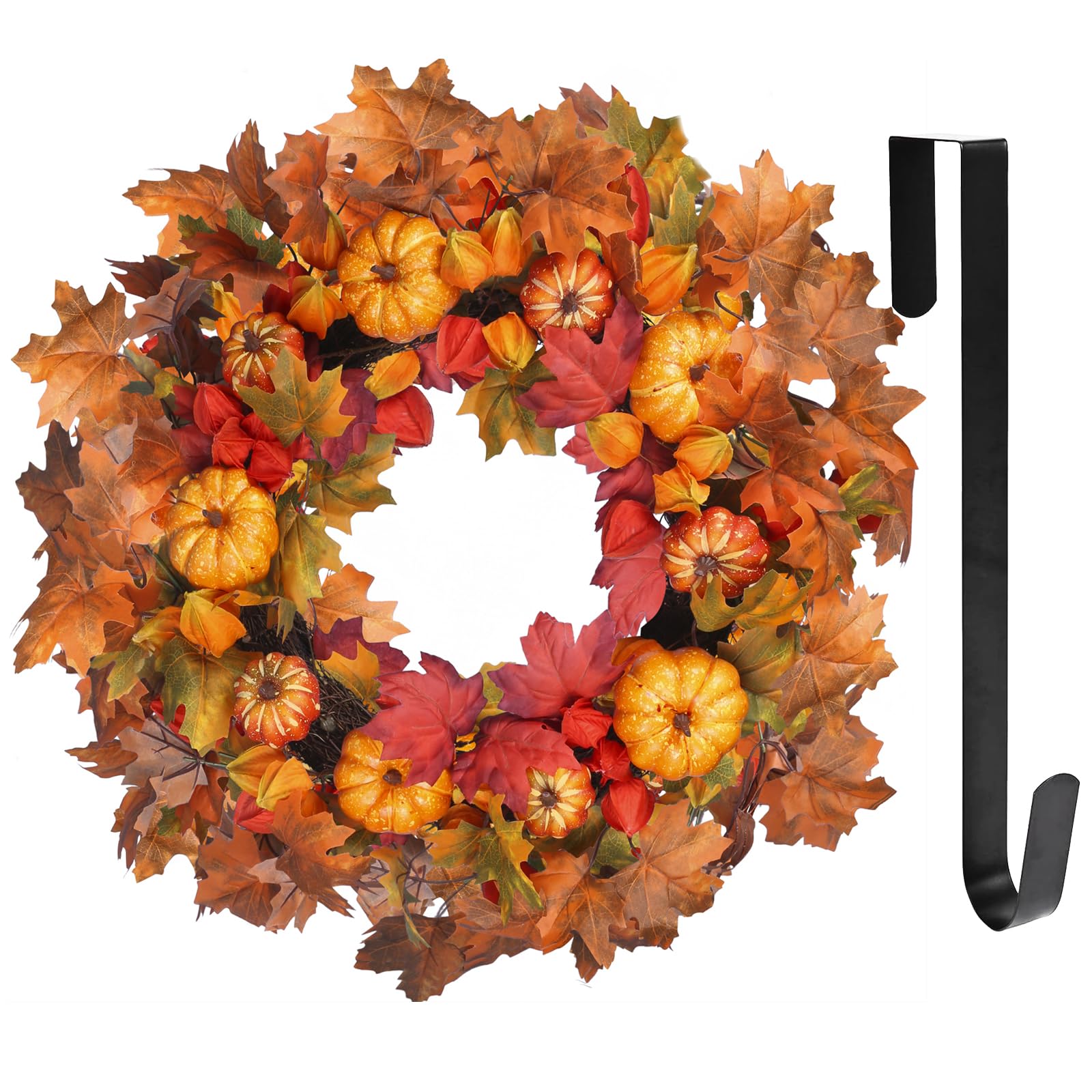 DFRREN 24 Inch Thanksgiving Fall Wreath, Autumn Wreaths for Front Door Halloween Wreath with Pumpkin Red Lantern Fruit Maple Lea