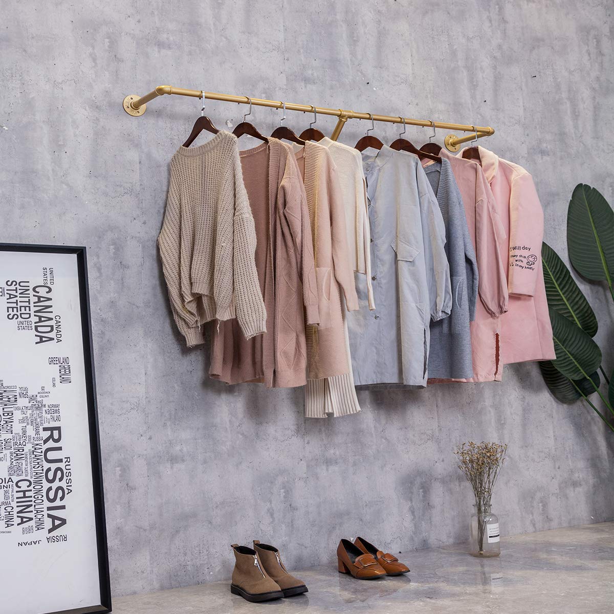 Furvokia Industrial Pipe Wall Mounted Clothes Hanging Shelves System,Metal Clothing Towel Rack,Garment Rack Perfect For Retail D