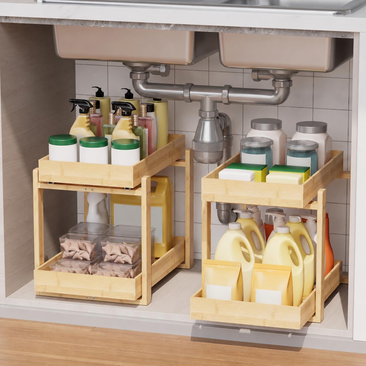 LONTAI Bamboo Under Sink Organizer 2 Tier Pull Out Cabinet Storage Drawer