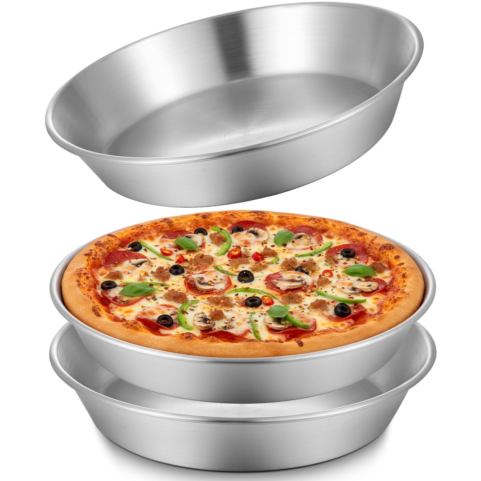 Otoolling 3 Pcs Deep Stainless Steel Pie Pan Set  Thickened Metal Baking Pans for Oven, Rust Proof Pie Plates for Kitchen(9.5 I