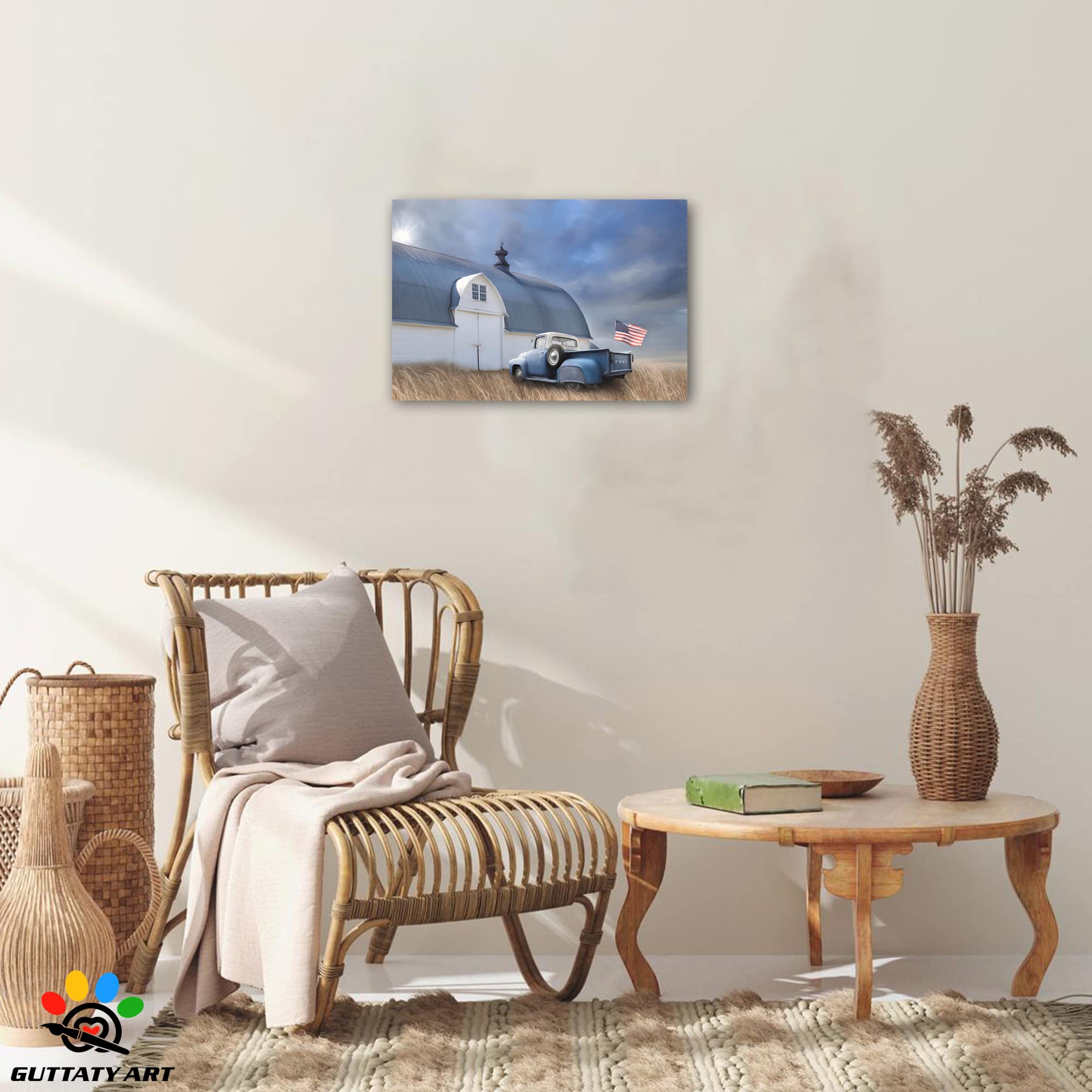 Farmhouse Old Truck Canvas Wall Art, Old Barn Pictures Wall Art, Country Antique Pickup Truck Canvas Prints, Blue Truck With Usa