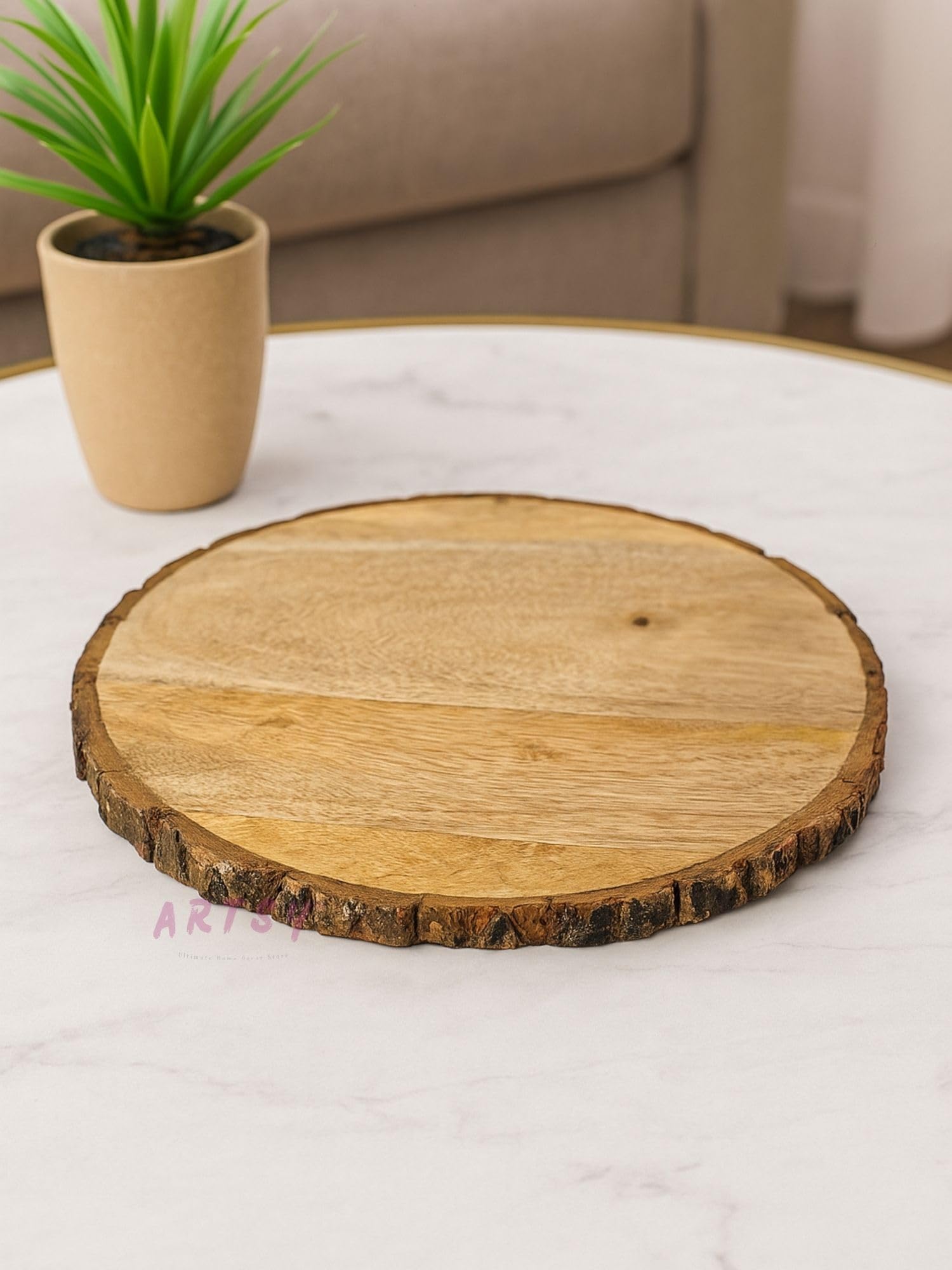 Artsy Wooden Round Platter | Natural Bark Edge Serving Tray For Cakes, Pizza, Cheese, Snacks, Home Decor | Rustic Wood Chopping 