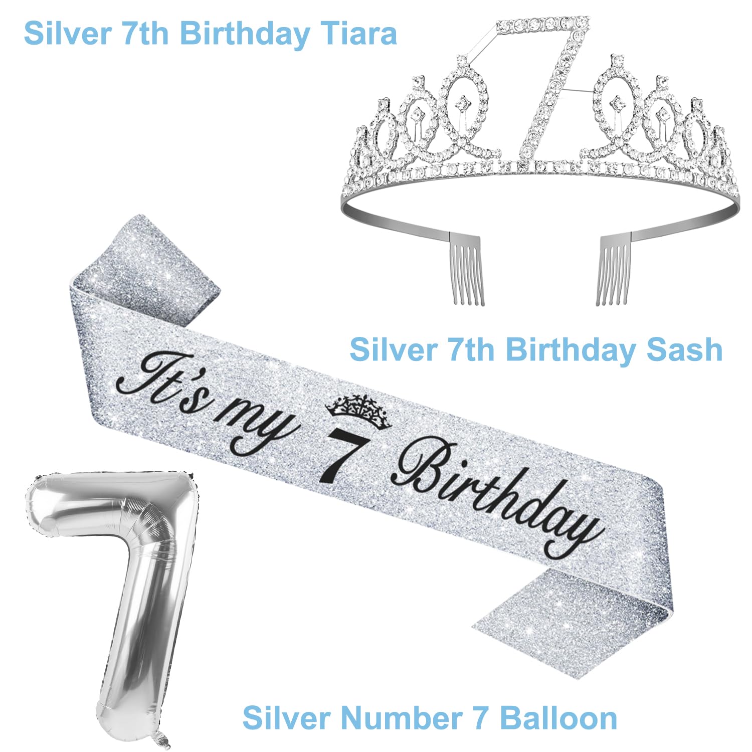 7th Birthday Decorations for Girls Silver with 7th Birthday Sash and Tiara, Cake Topper and Candle, Silver Number Balloon, 7 Yea