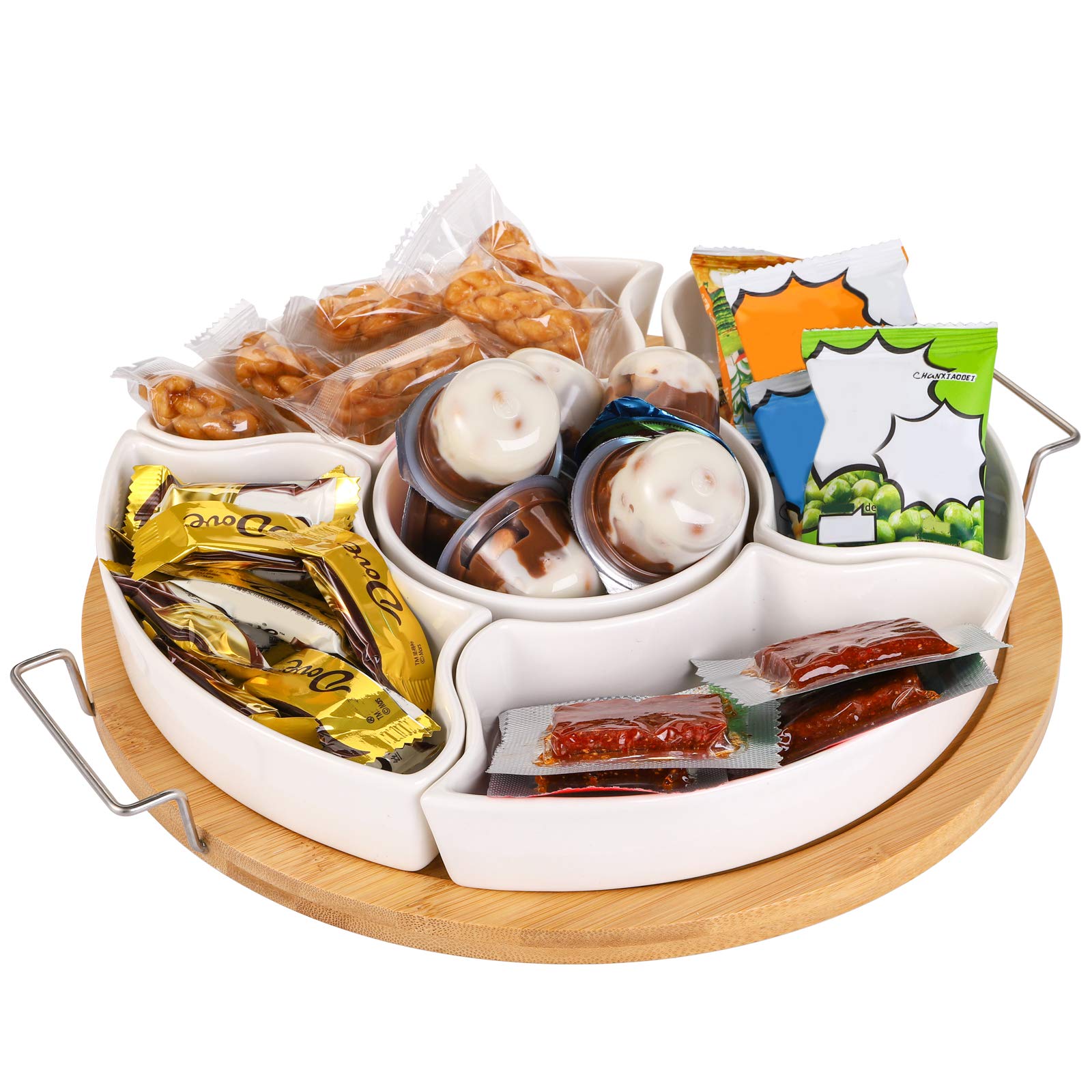Yarlung 11 Inch Ceramic Divided Serving Dishes With Bamboo Platter, Appetizer Tray 5 Removable Snacks Bowls For Candy And Nut, C