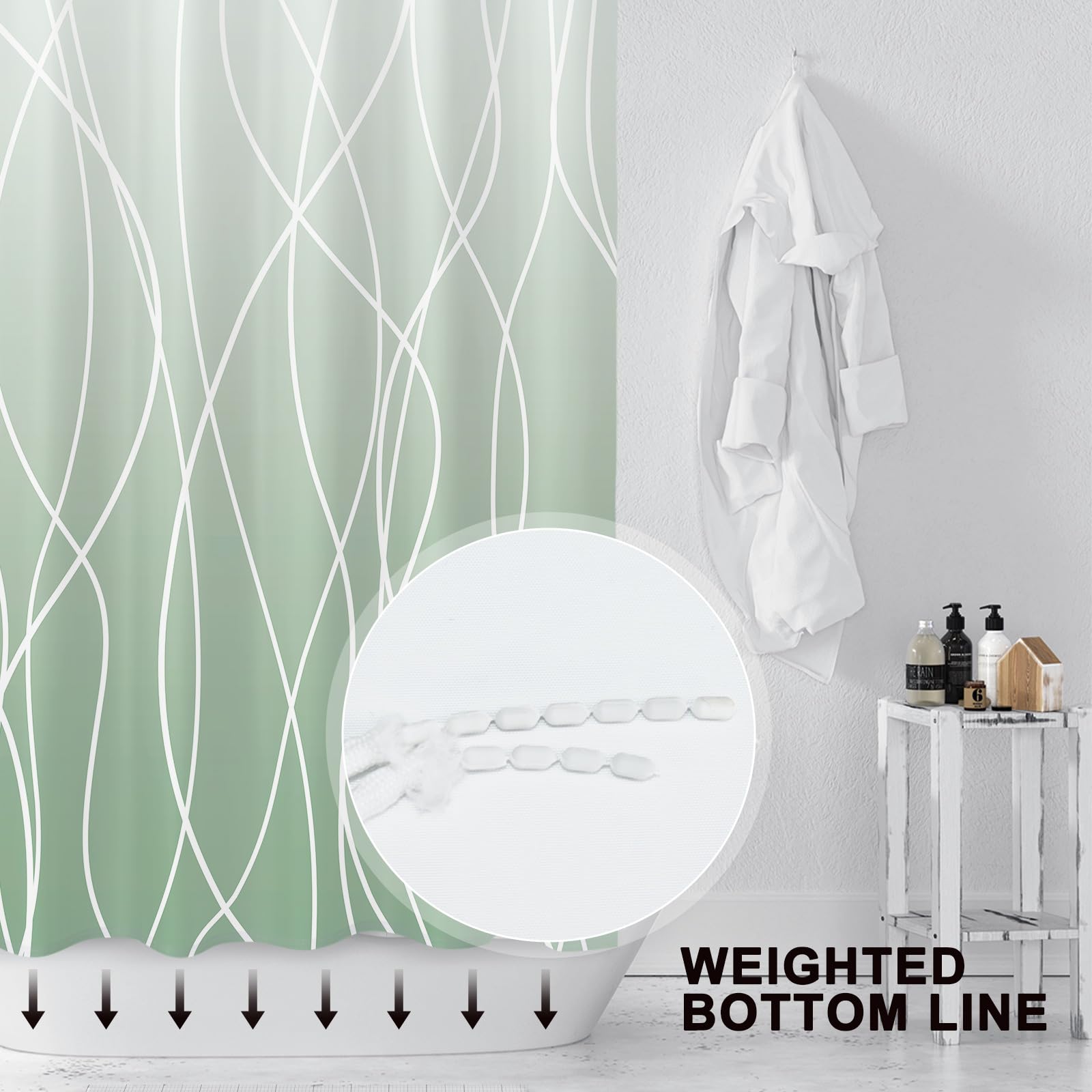 Punkray Ombre Green Striped Fabric Shower Curtain For Bathroom With 12 Hooks, Shower Curtains For Bathroom, Waterproof Bath Acce