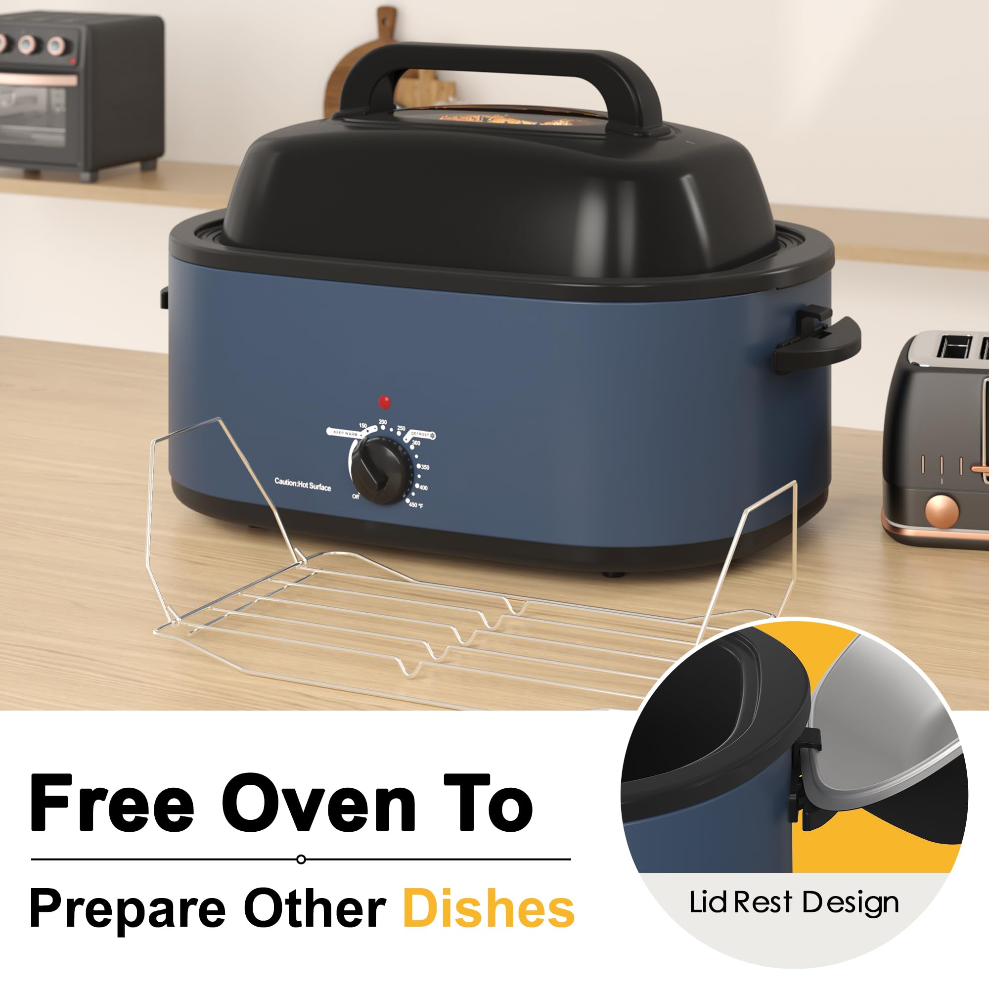 Roaster Oven 24Qt Electric Roaster Oven with Self-Basting Lid Turkey Roaster with Unique Defrost/Warm Function Large Roaster with Removable Pan & Rack Blue