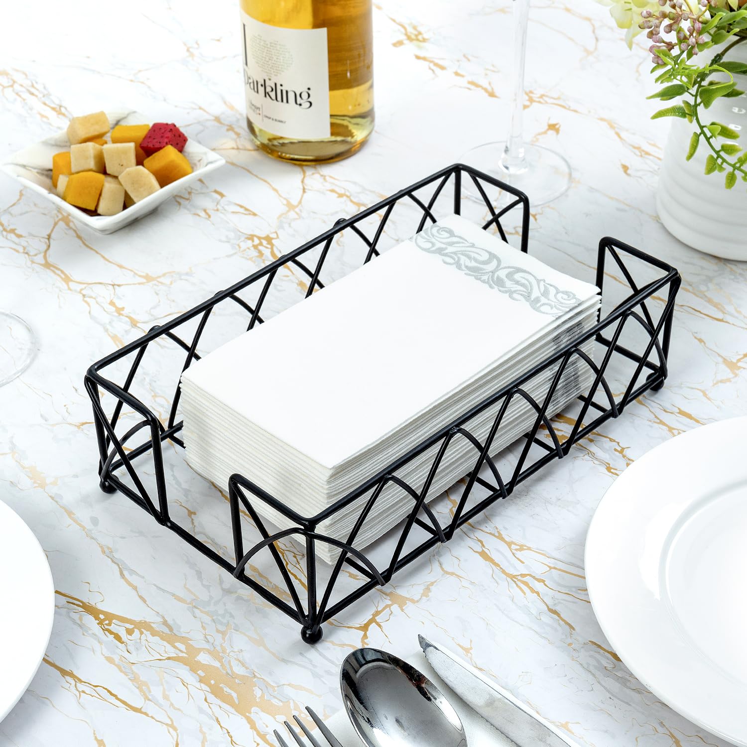 Mygift Modern Deluxe Metal Wire Countertop Folded Paper Towel Holder With Matte Black Finish, Guest Bathroom Vanity Tabletop Dis