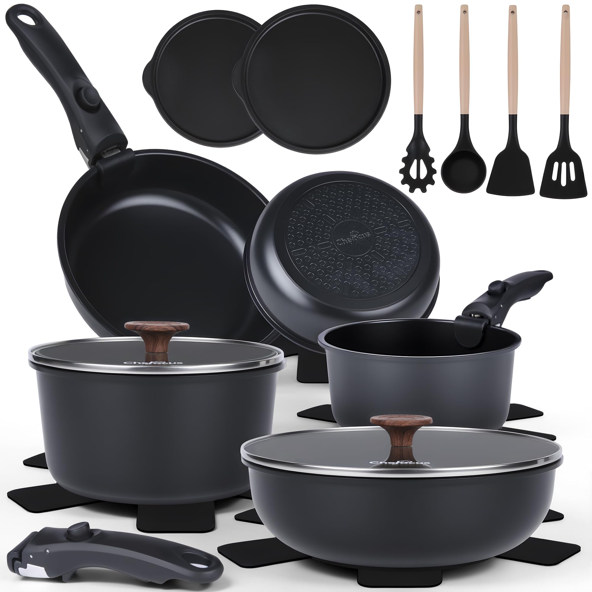 20Piece Ceramic Nonstick Cookware Set | Detachable Handle, Stackable for RV | Oven & Dishwasher Safe