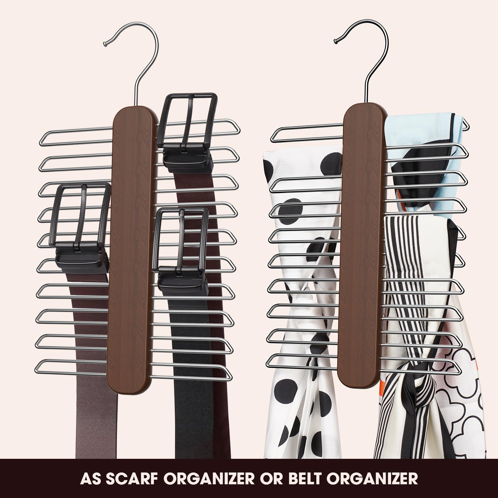 Uinicor Tie Hanger 2 Pack, Rust Resistant Wooden Necktie Organizer With 360 Degree Rotation For Tie, Belt, Scarf Storage