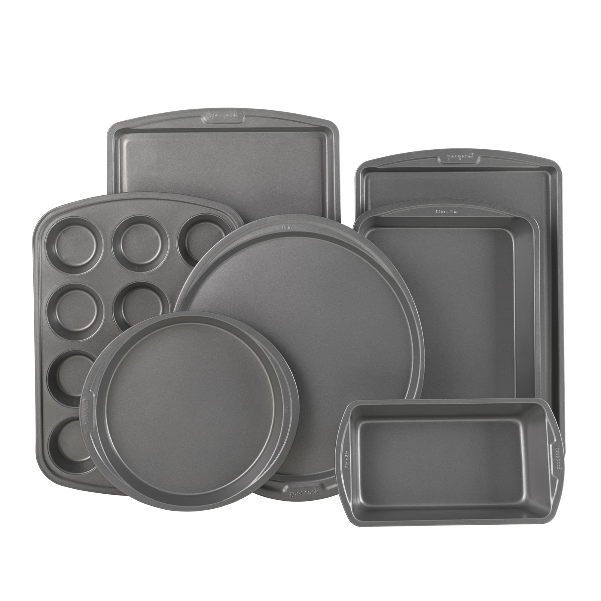 Goodcook Everyday 7-Piece Non-Stick Bakeware Set - 2 Cookie Sheet Pans, Round Cake Pan, Loaf Pan, Pizza Pan, Bake & Roast Pan, 1
