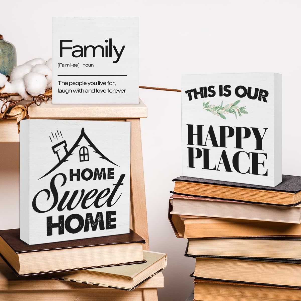3 Pcs Home Wood Signs Decor Family Wood Block Signs Home Sweet Home This Is Our Happy Place Wooden Box Signs Decorations for Hom