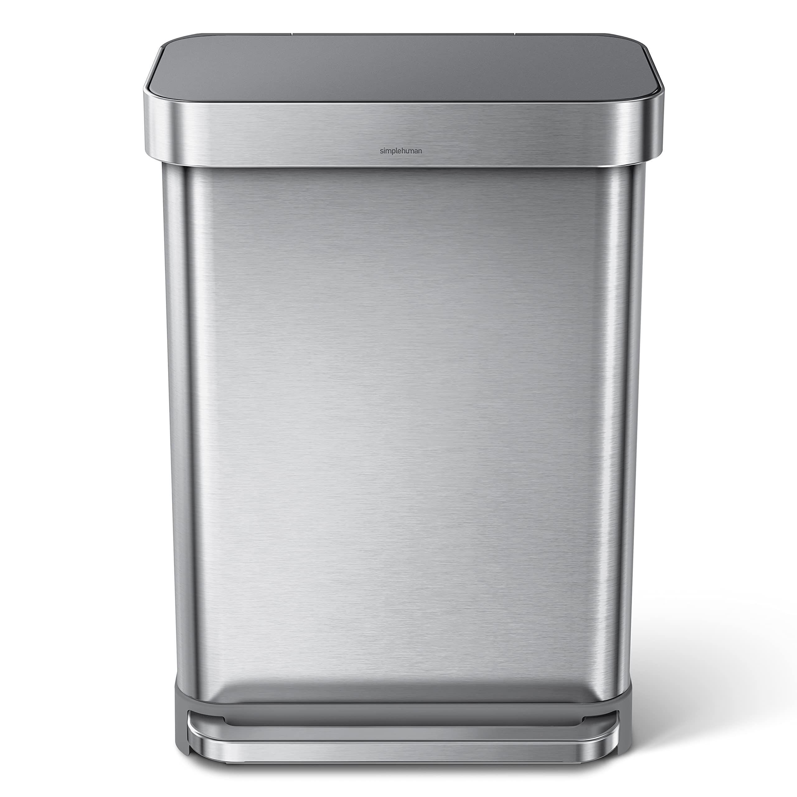 Simplehuman 55 Liter / 14.5 Gallon Rectangular Hands-Free Kitchen Step Trash Can With Soft-Close Lid, Brushed Stainless Steel Wi