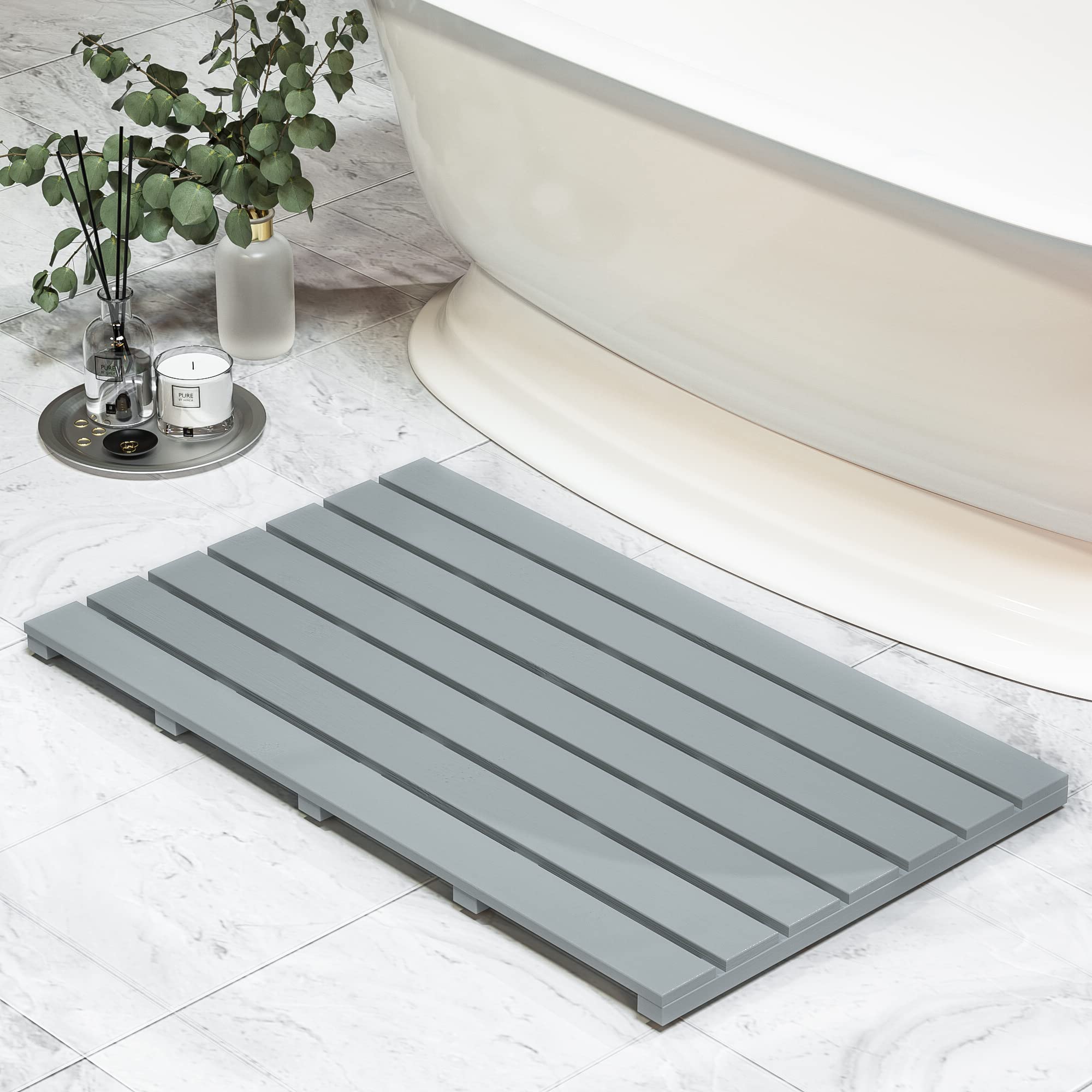 Bamboo Wooden Bath Floor Mat For Luxury Shower - Non-Slip Bathroom Waterproof Carpet For Indoor Or Outdoor Use (Bluish Grey,31.3