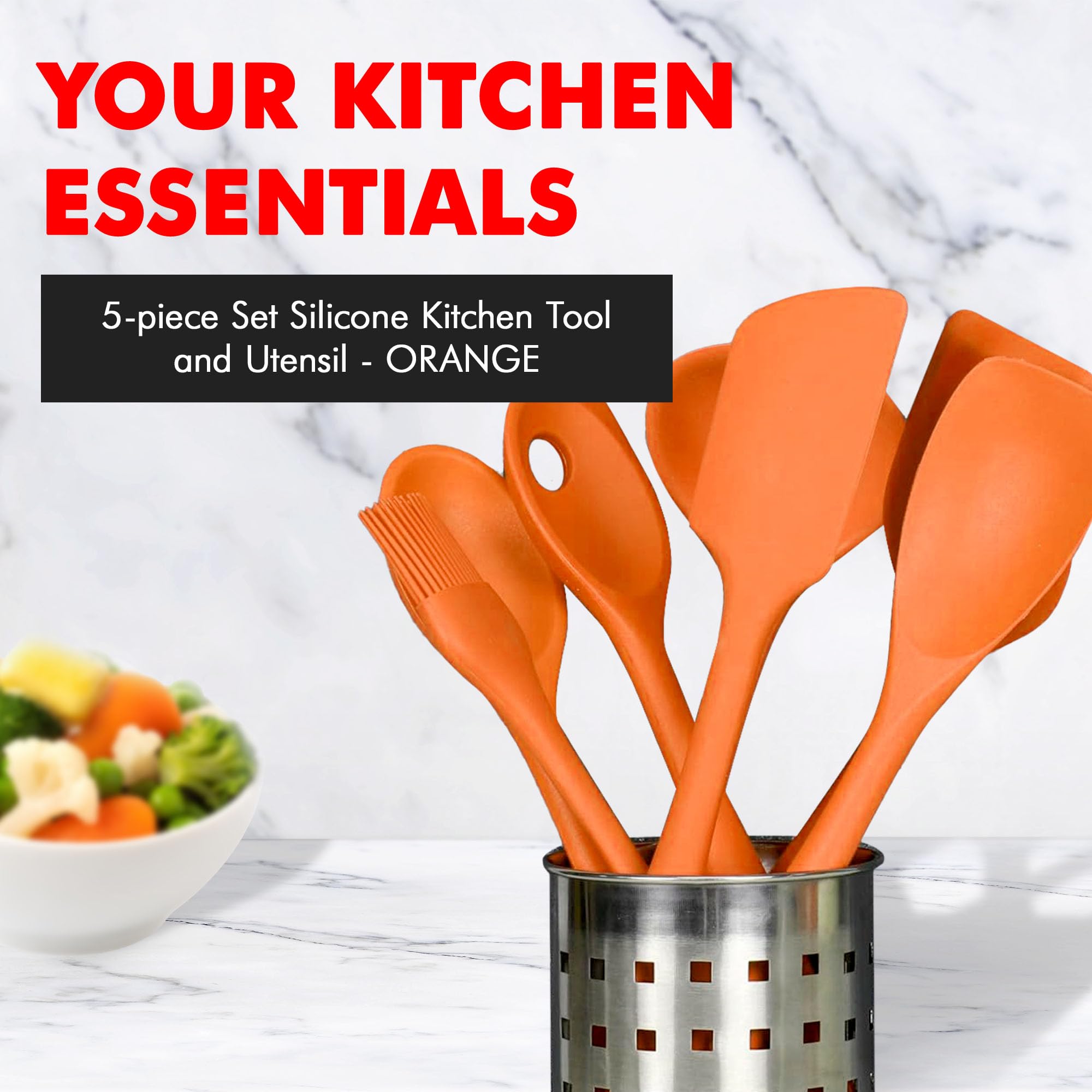 Chef Craft Premium Silicone Kitchen Tool And Utensil, 5 Piece Set, Orange