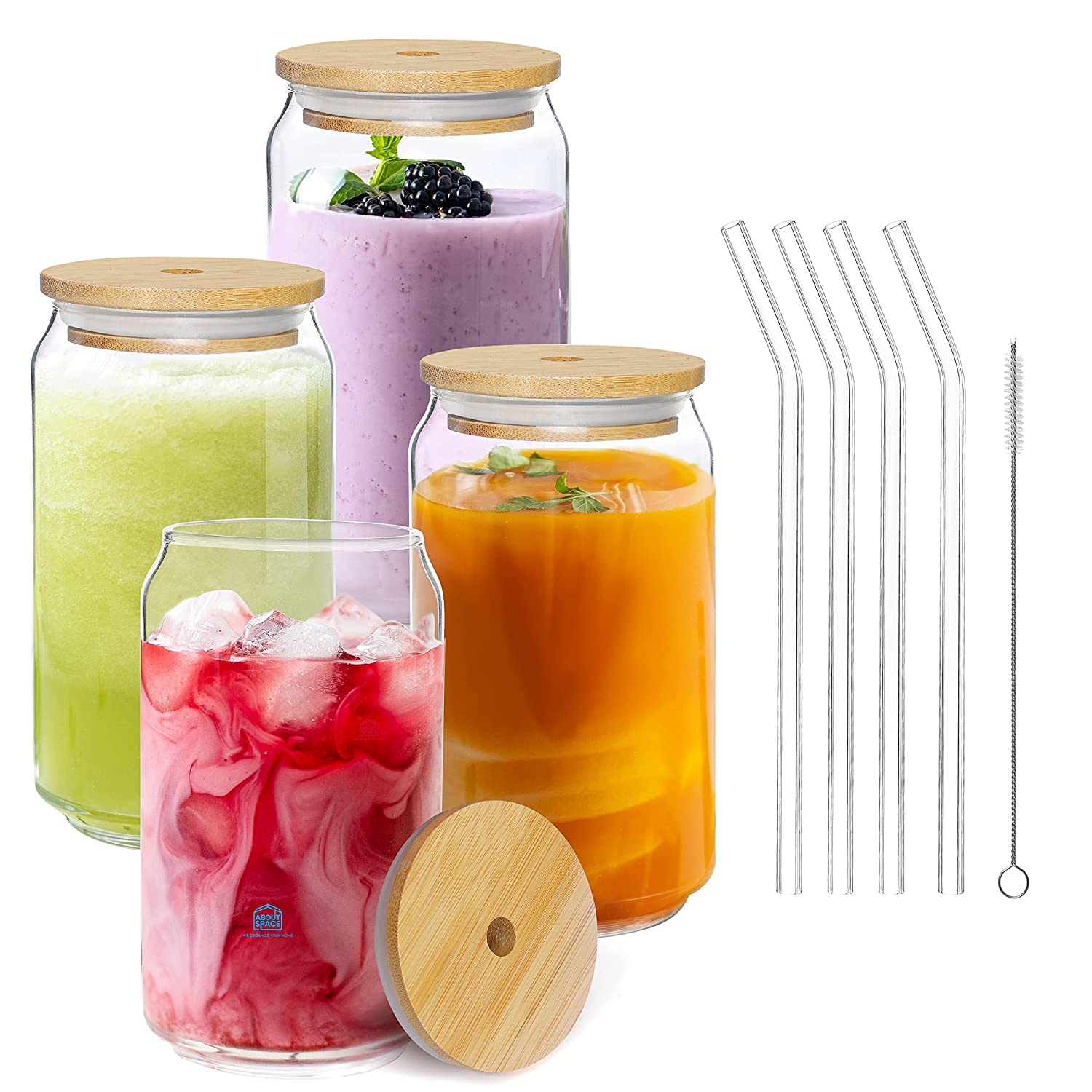 KiKiluxxa Round Glass Tumbler Can with Straw and Lid - 540ml - Pack of 4 - Glass Sipper with Straw for Fruit Juice Milk Mug