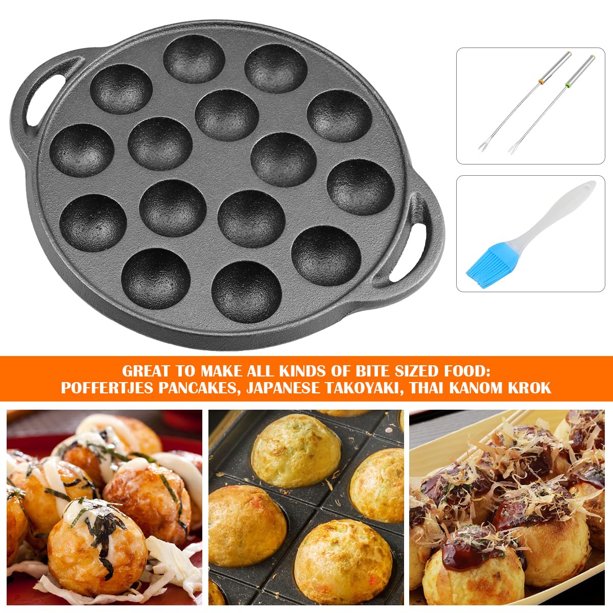Escargot Dish Cast Iron Takoyaki Mushroom Plate With 15 Compartment Holes, Octopus Ball Maker With Forks And Brush For Snails, B