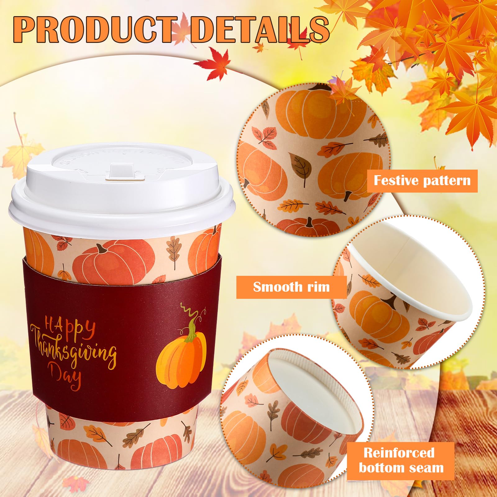 Lallisa 100 Pack 12 oz Thanksgiving Paper Coffee Cups with Lids and Sleeves Fall Disposable Coffee Cups Bulk for Autumn Thanksgi