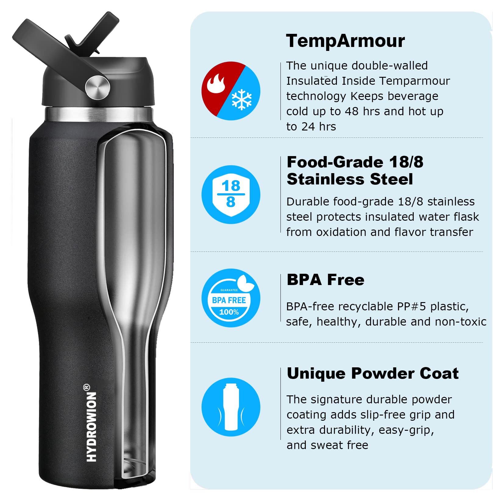 Hydrowion 40 Oz Insulated Water Bottle With Straw Fit In Car Cup Holder(Cold 48 Hrs, Hot 24 Hrs) Drinking Bottle With Straw Lid,
