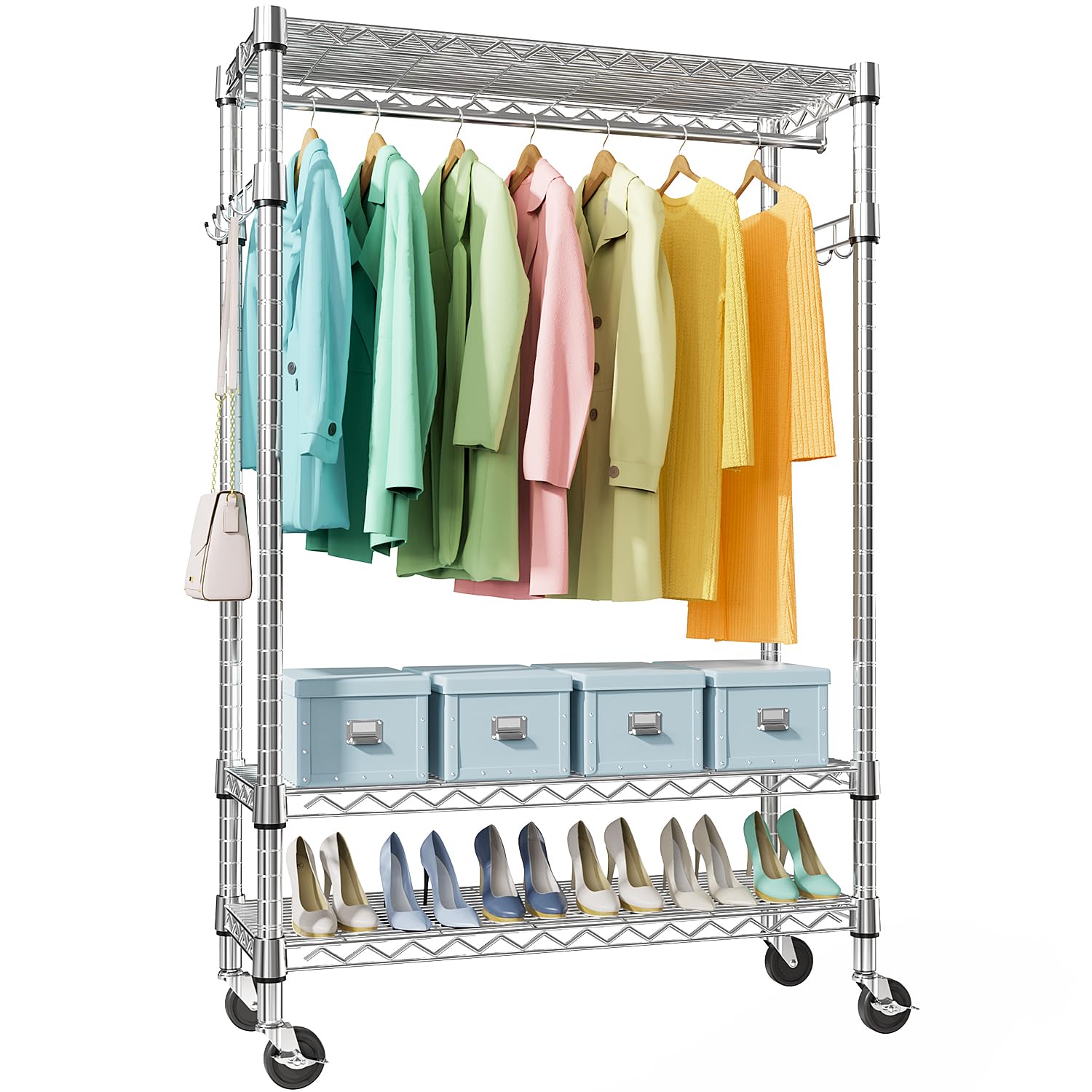 Mzg Heavy Duty Rolling Garment Rack 3 Tiers Adjustable Wire Shelving Clothes Rack With Rods And Side Hooks,Storage Closet Clothi