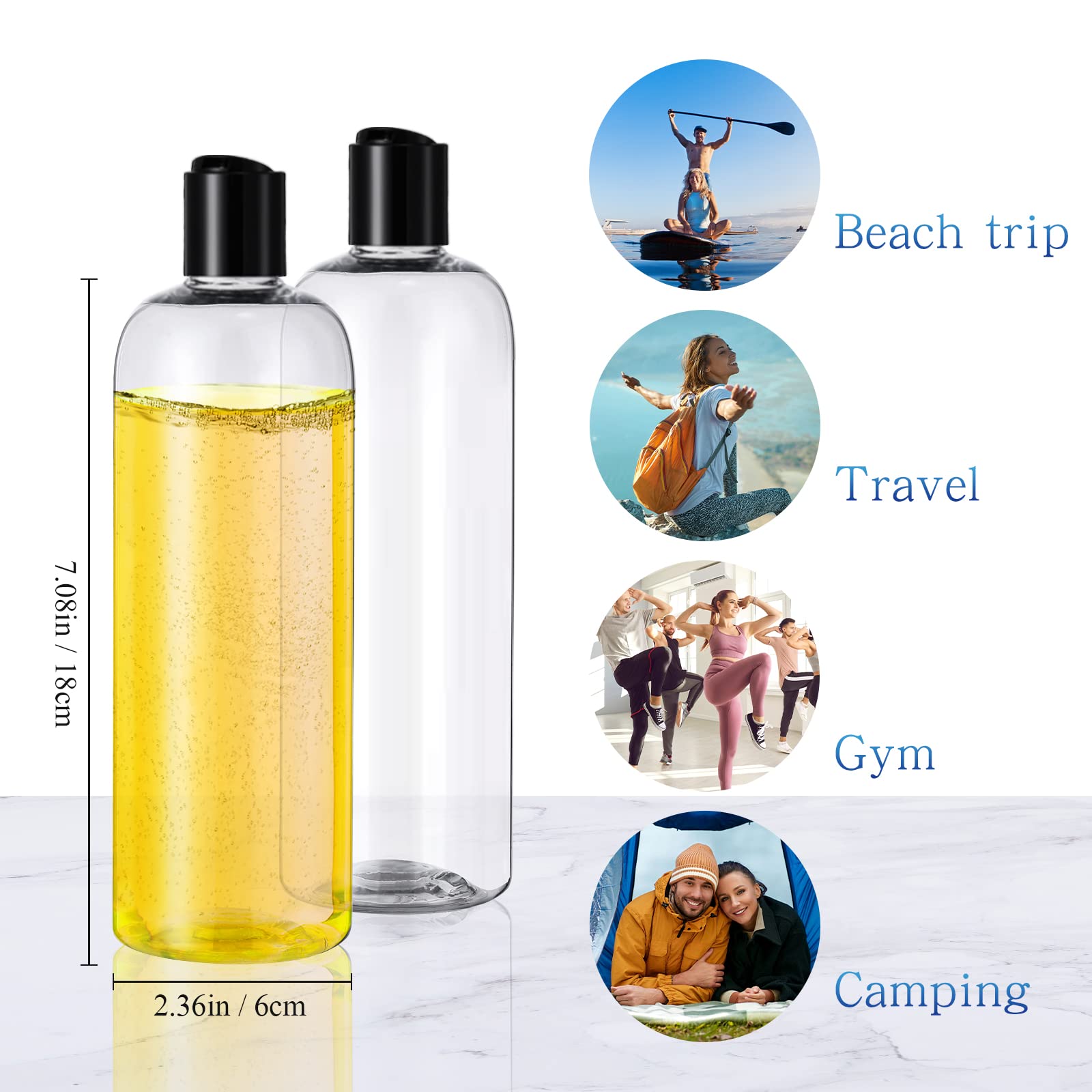 Nuenen 24 Pieces Plastic Empty Bottles Clear Squeeze Travel Containers With Black Disc Cap Refillable Shampoo Container Travel B