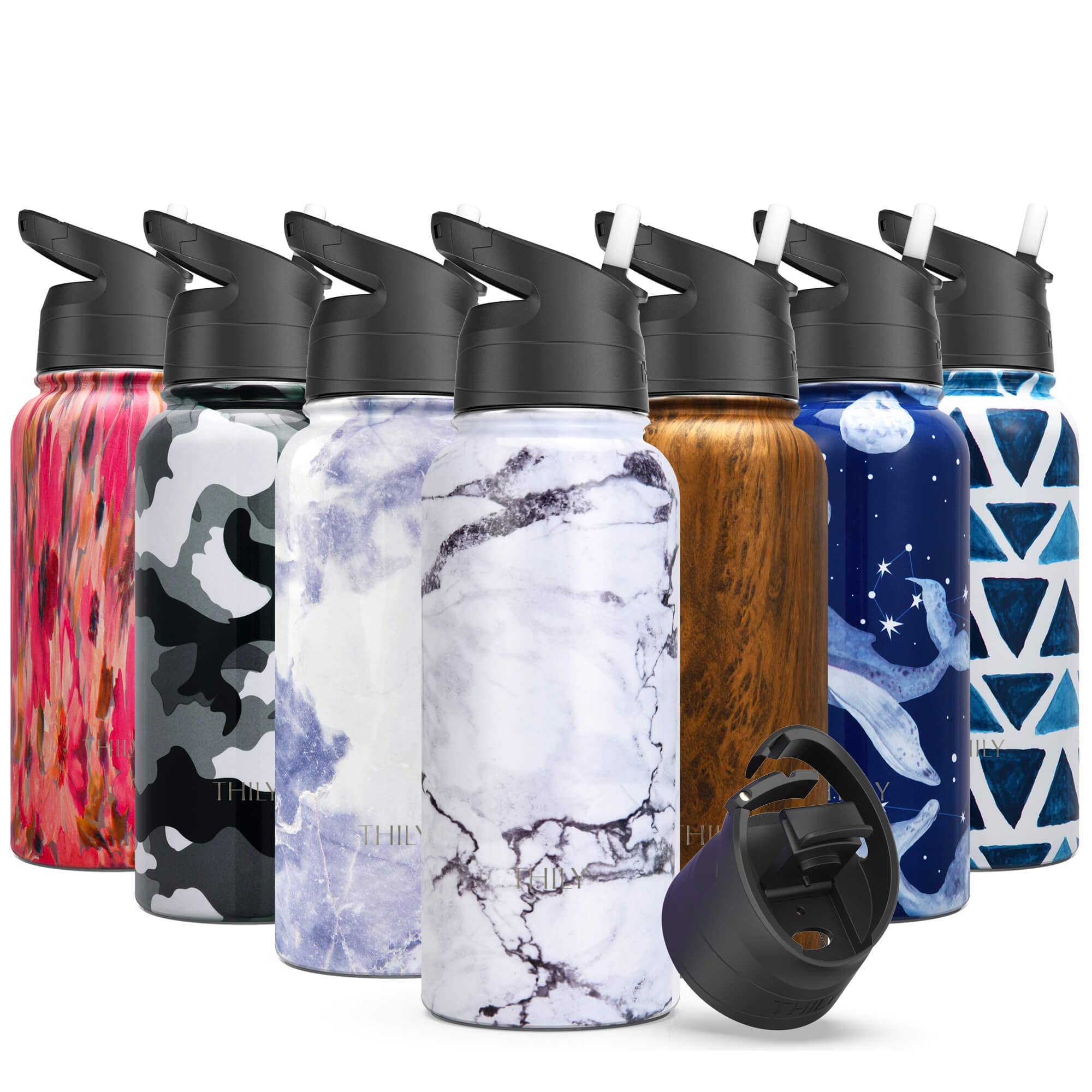 Stainless Steel Sports Water Bottle - Thily Vacuum Insulated 32 Oz Leakproof Wide Mouth Water Flask With 2 Lids And Straws, Keep