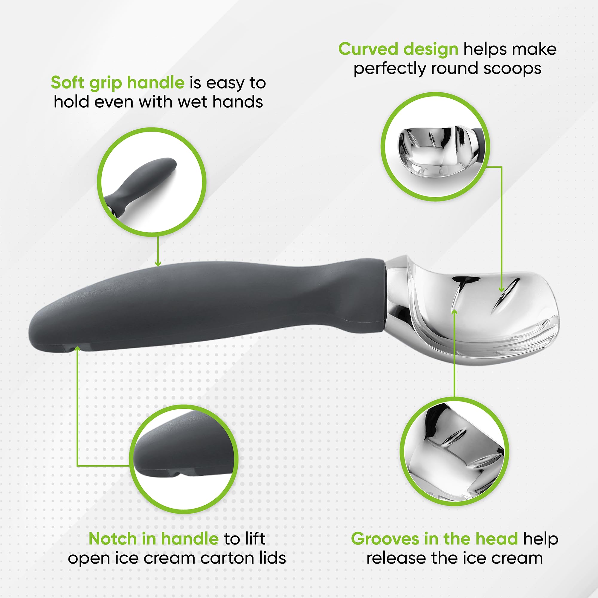 Spring Chef Gray Heavy Duty Ice Cream Scoop With Comfortable Soft Grip Handle, Dishwasher Safe Ice Cream Scooper, Professional M
