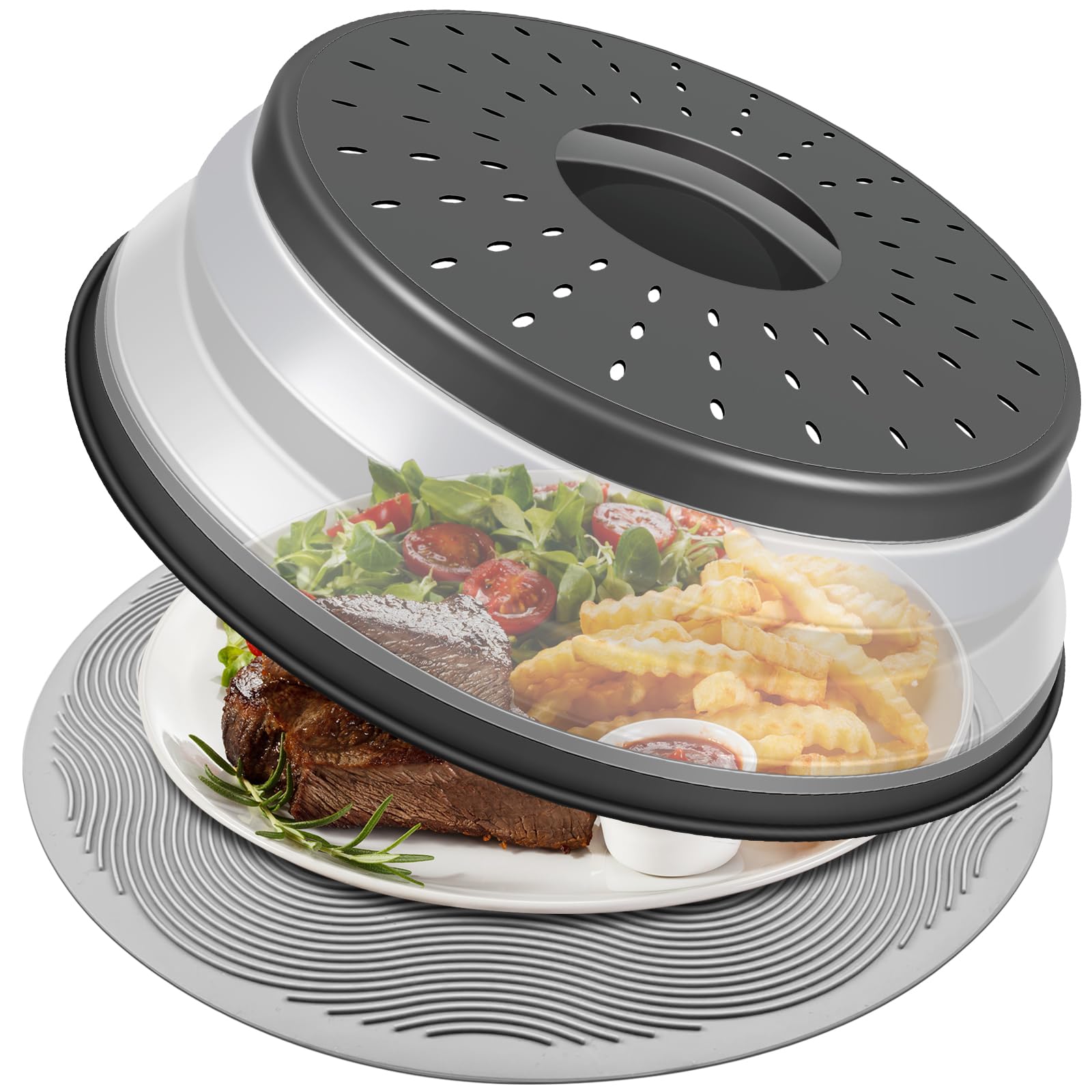 Lekdrok 10 Inch Microwave Food Cover & Collapsible Silicone Mat - Splatter Guard, Plate Holder & Kitchen Colander For Meal Prep,