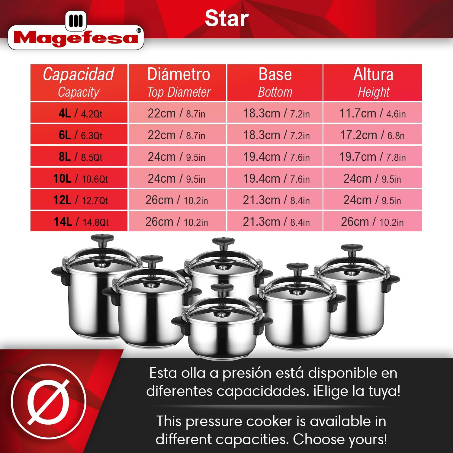MAgEFESA Star Quick Easy To Use Pressure cooker, 1810 Stainless Steel, Suitable for induction Thermodiffusion bottom, 3 Security