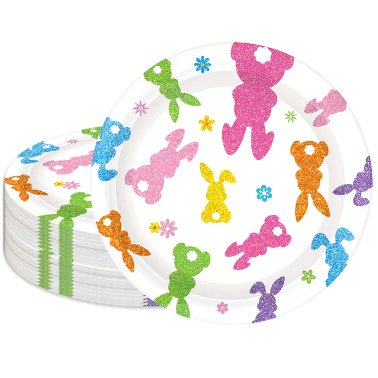Whaline 40 Pcs Easter Bunny Paper Plates Disposable Plates 9 Inch Sparkly Colorful Rabbit Dessert Plates Flower Party Tableware 