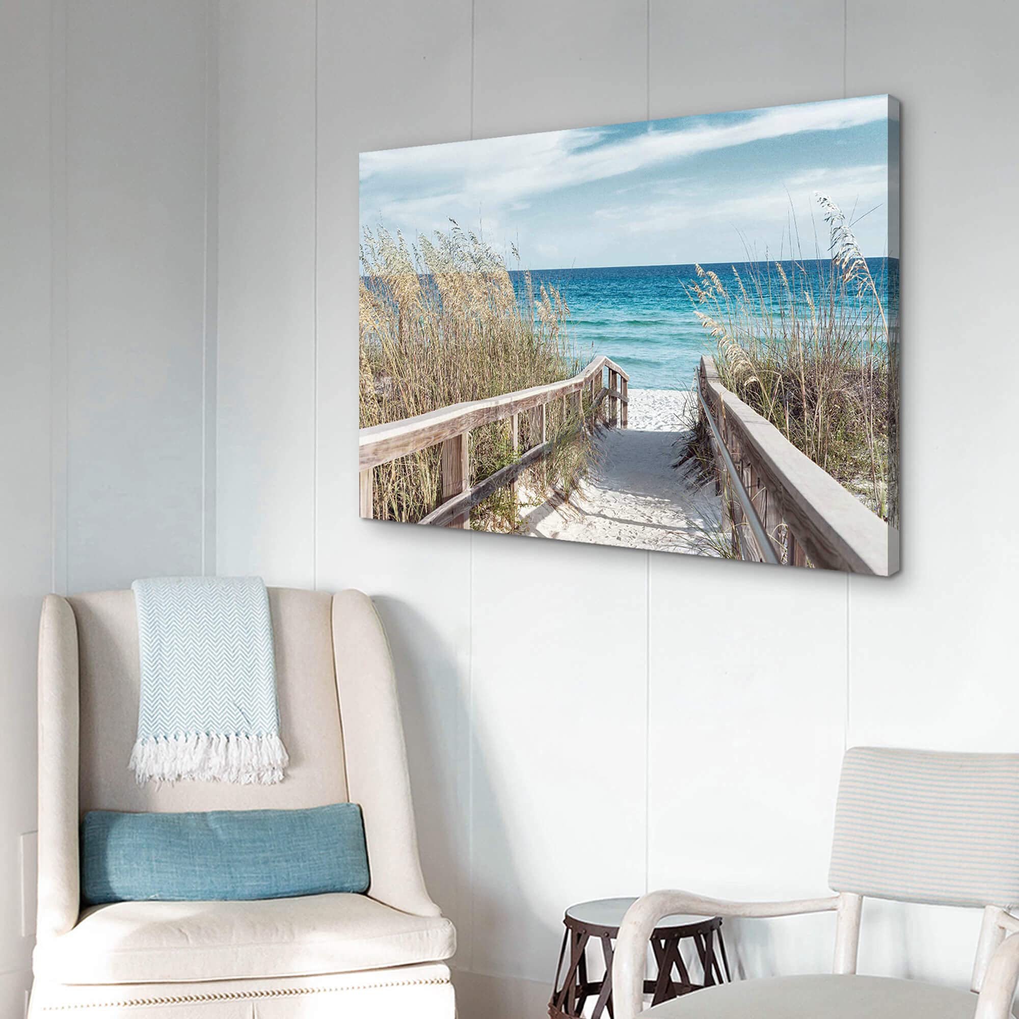 Wallsup Decor Beach Pathway Canvas Wall Art - Ocean Theme Artwork Boardwalk Picture With Wood Toned Fence And Weeds Painting For