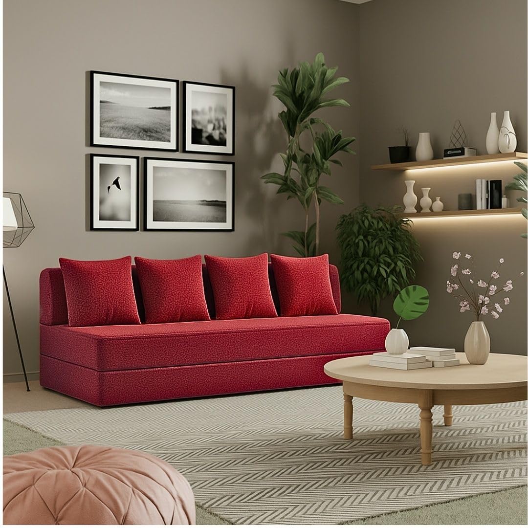 Dozeiq Foldable Sofa Cum Bed 6 X 6 Ft, 4 Seater Convertible Sofacumabed With 4 Pillow, Jute Fabric Washable Cover, Sofa Cum Bed 