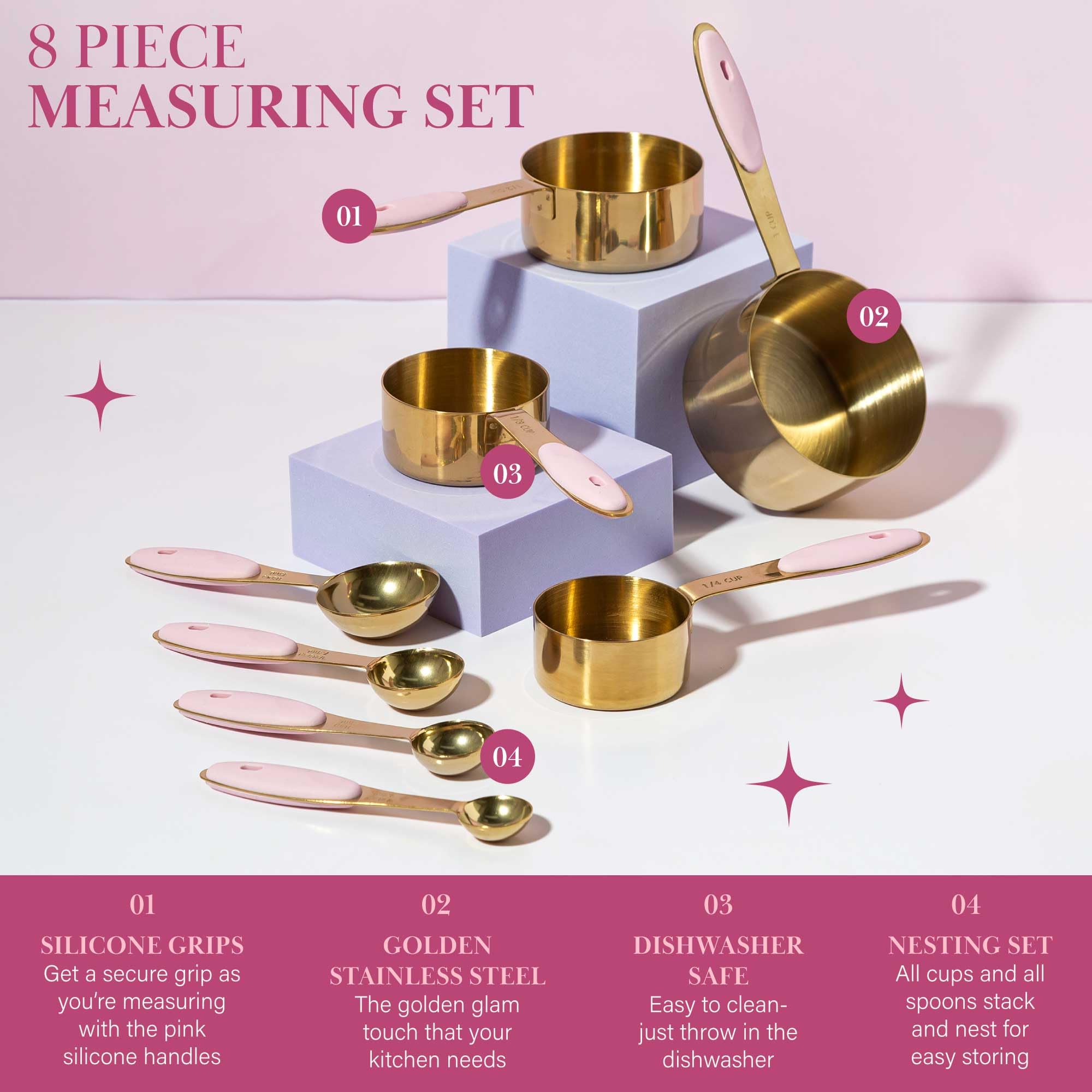 Paris Hilton Measuring Cups And Spoons Set, Stainless Steel With Pink Silicone Inset Handle, Dishwasher Safe, For Dry And Liquid