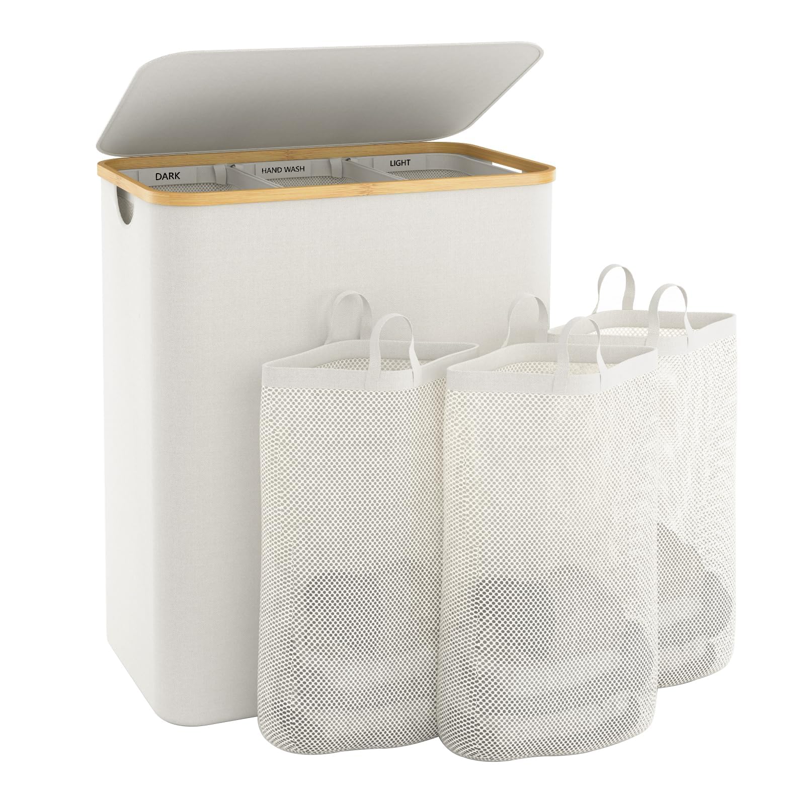 Laundry Basket with Lid  145L Extra Large Laundry Hamper 3 Section Dirty Clothes Hampers for Laundry Divided Laundry Basket Organizer for Bedroom Laundry Room Dirty Clothing Hamper Beige