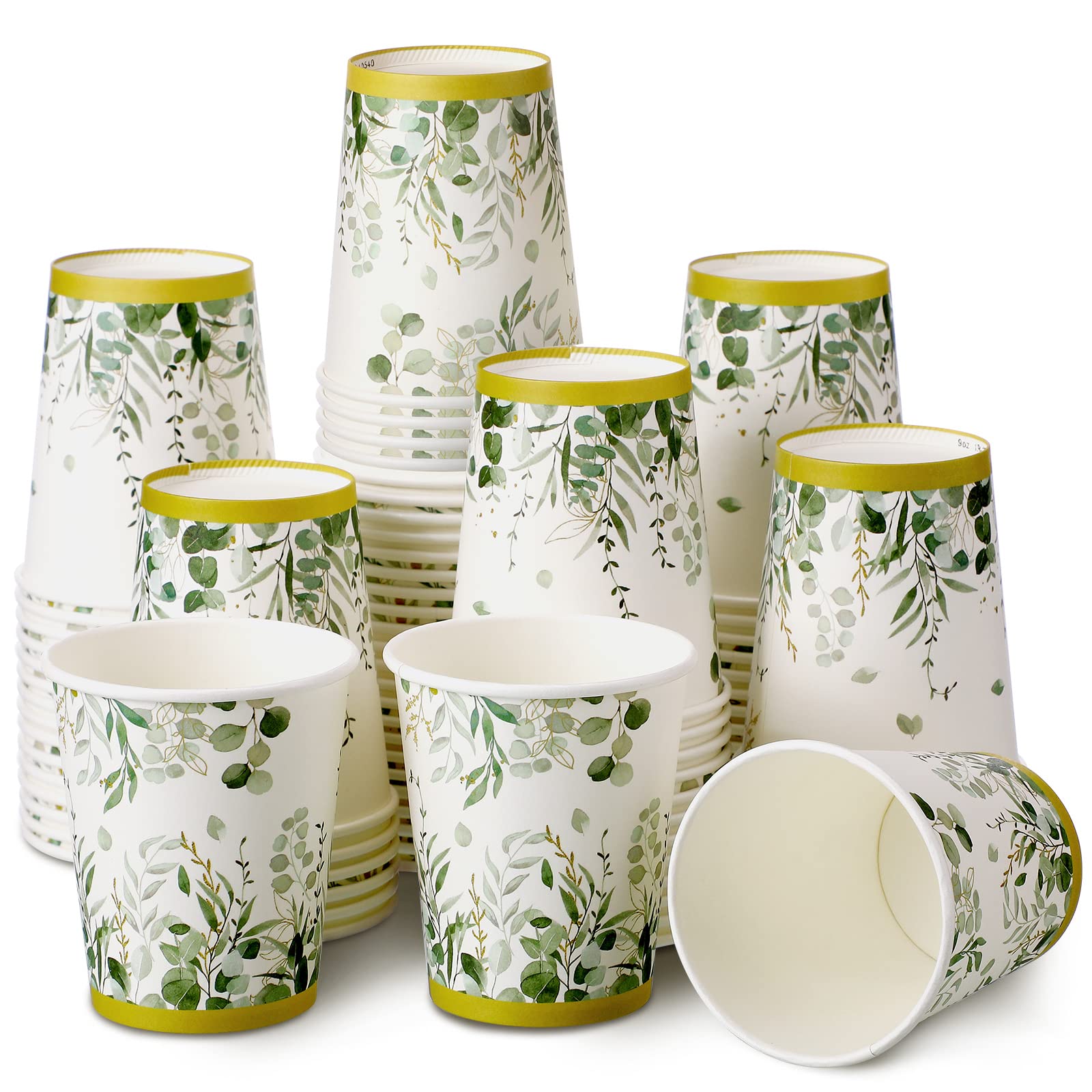 64 Pcs Eucalyptus Cups Greenery Paper Cup 9 Oz Disposable Coffee Paper Cups For Sage Green Party Decorations Bridal Shower Paper