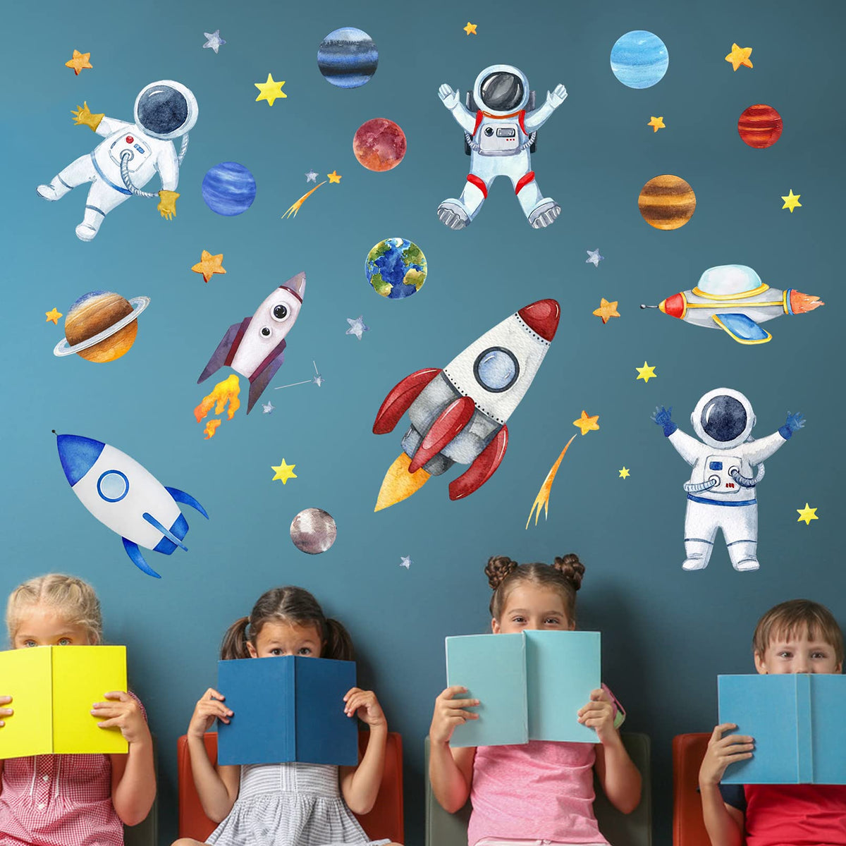 Yovkky Space Astronaut Spacecraft Wall Decal, Galaxy Solar System Planet Peel Stick Sticker Watercolor Rocket Cosmonaut Spaceshi