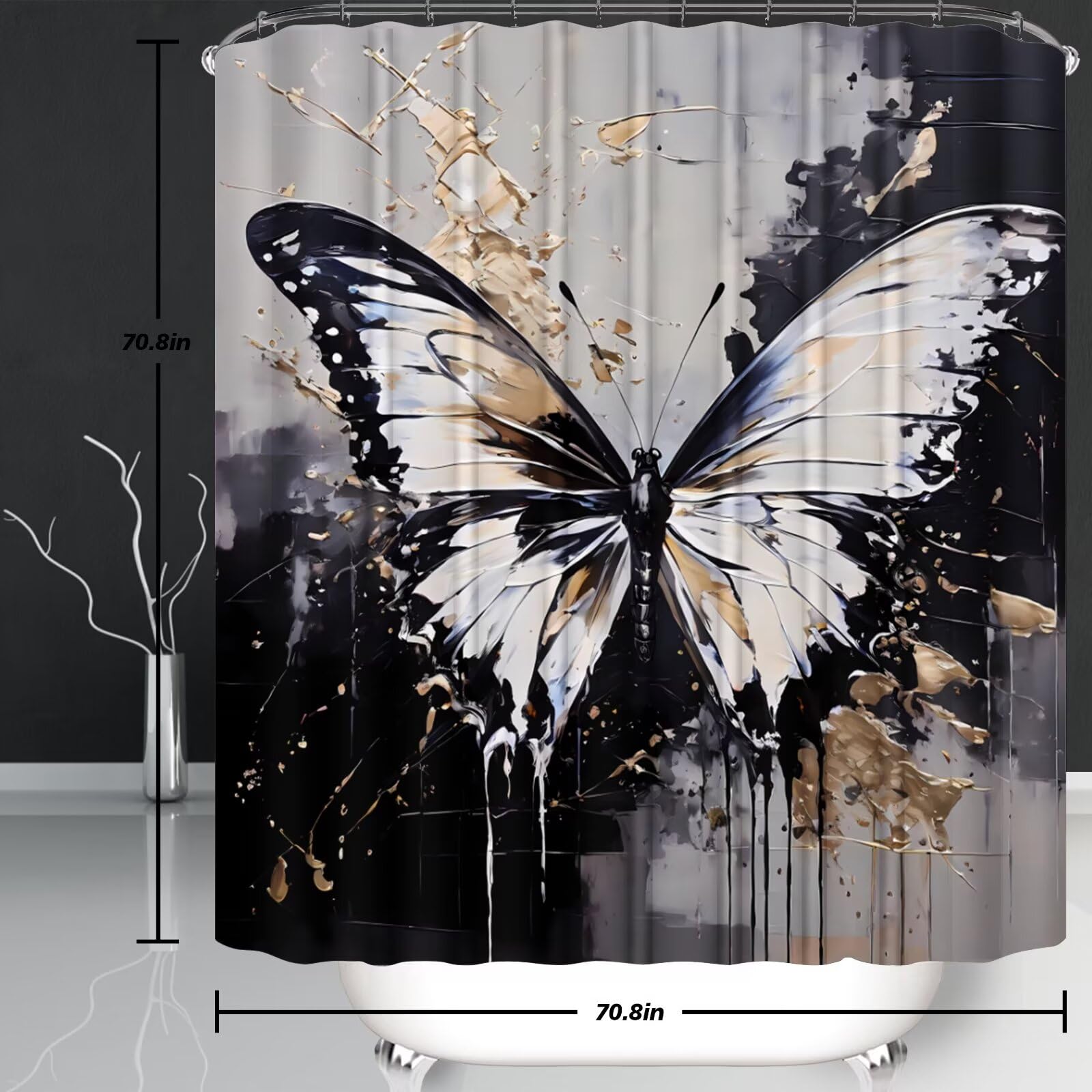 Pretyw 4 Pcs Black Butterfly Shower Curtain Set With Rugs Grey And Gold Bathroom Set Modern Bathroom Accessories Decor With Bath