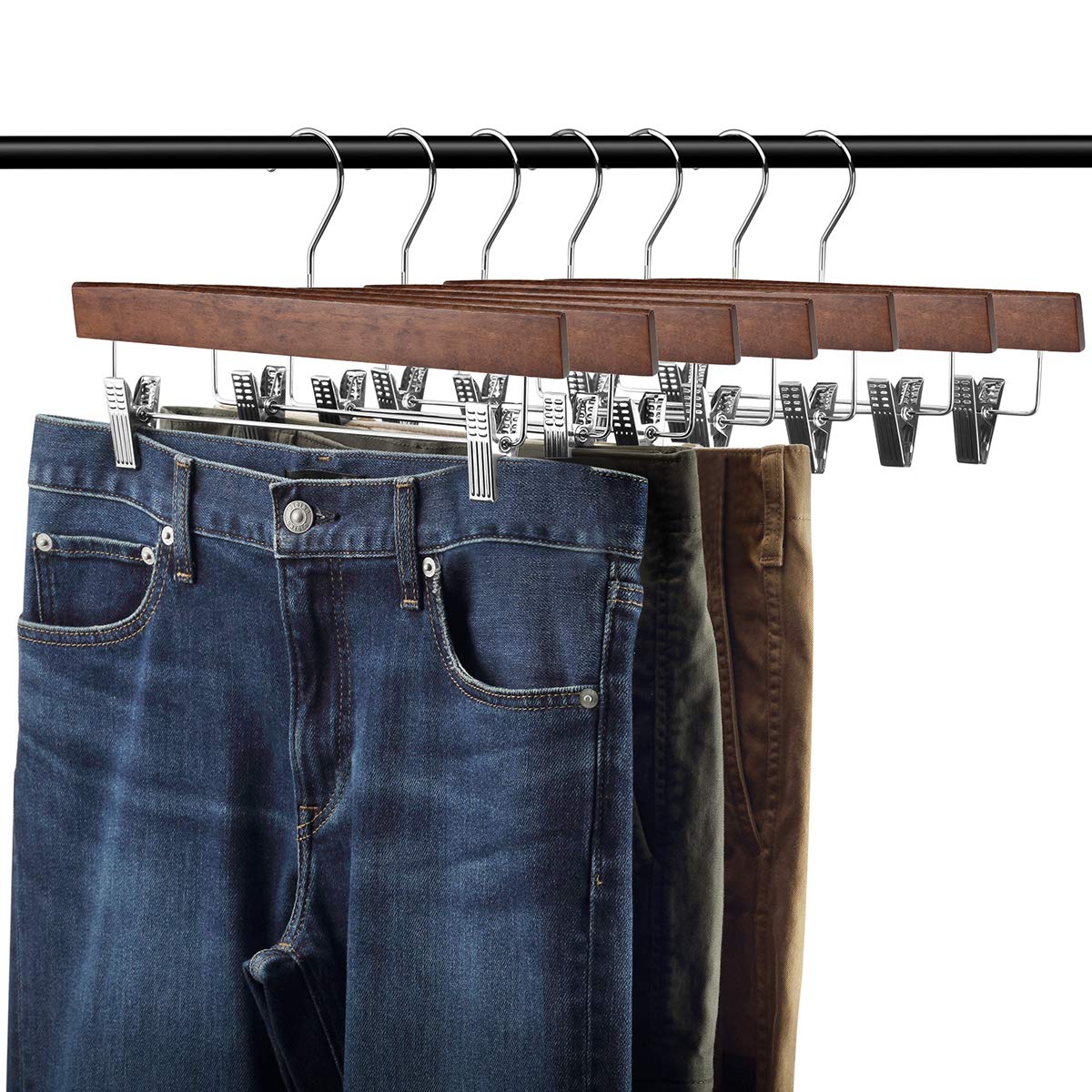 AMKUFO 20pcs Wooden Pants Hangers Solid Pants Hangers with Adjustable Clips 14 Inch Walnut Wood Skirt Hangers Trousers Bottom Hangers with Non-Slip Clips and 360? Swivel Hook