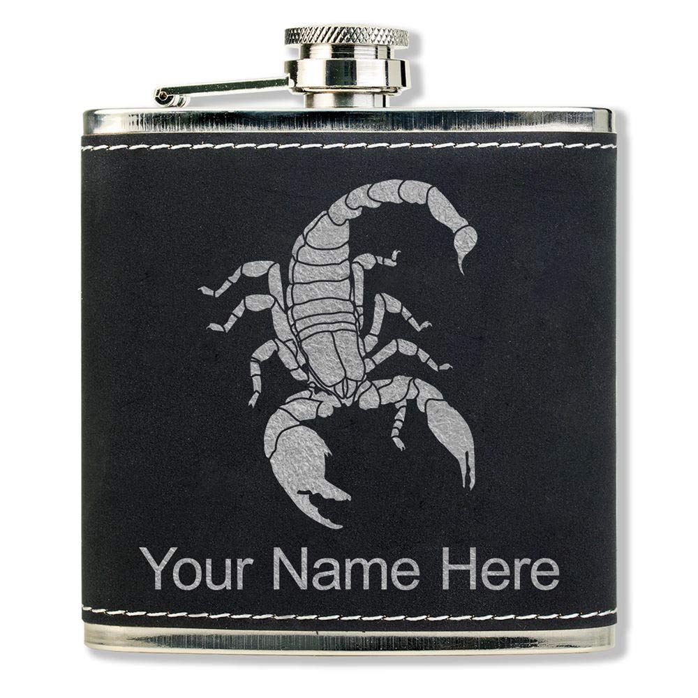 LaserGram Faux Leather Flask, Scorpion, Personalized Engraving Included (Black With Silver)